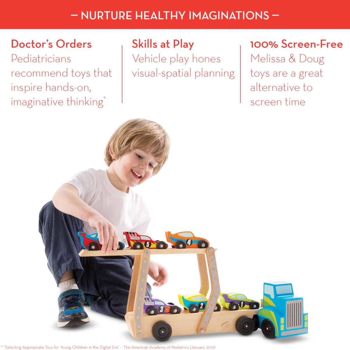 Melissa & Doug Mega Race-Car Carrier - Wooden Tractor and Trailer with 6 Unique Race Cars
