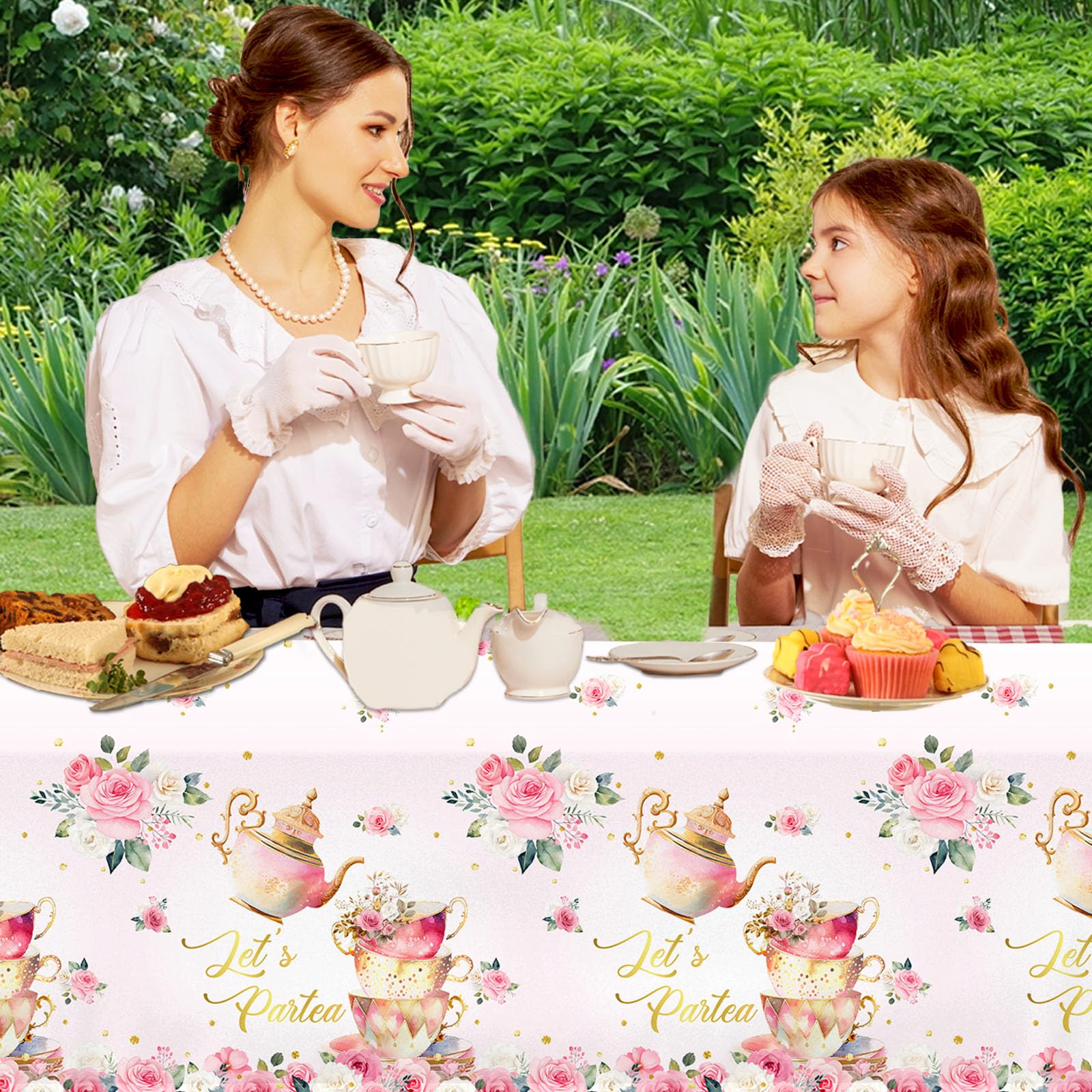 Dydamud Pink Floral Tea Party Tablecloth, Girls Tea Party Birthday Supplies 3pcs Let's Partea Spring Disposable Table Cover for Baby Shower, Floral