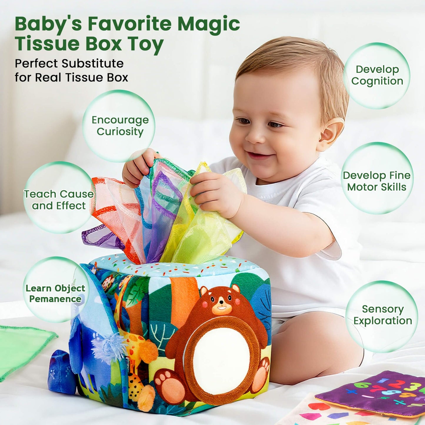 JKHEPL Baby Toys 6-12 Months - Baby Tissue Box Toy for 6 9 12 18 Months Old Montessori Sensory Toys for 1 Year Old Boy Infant Scarf Toy with Crinkle