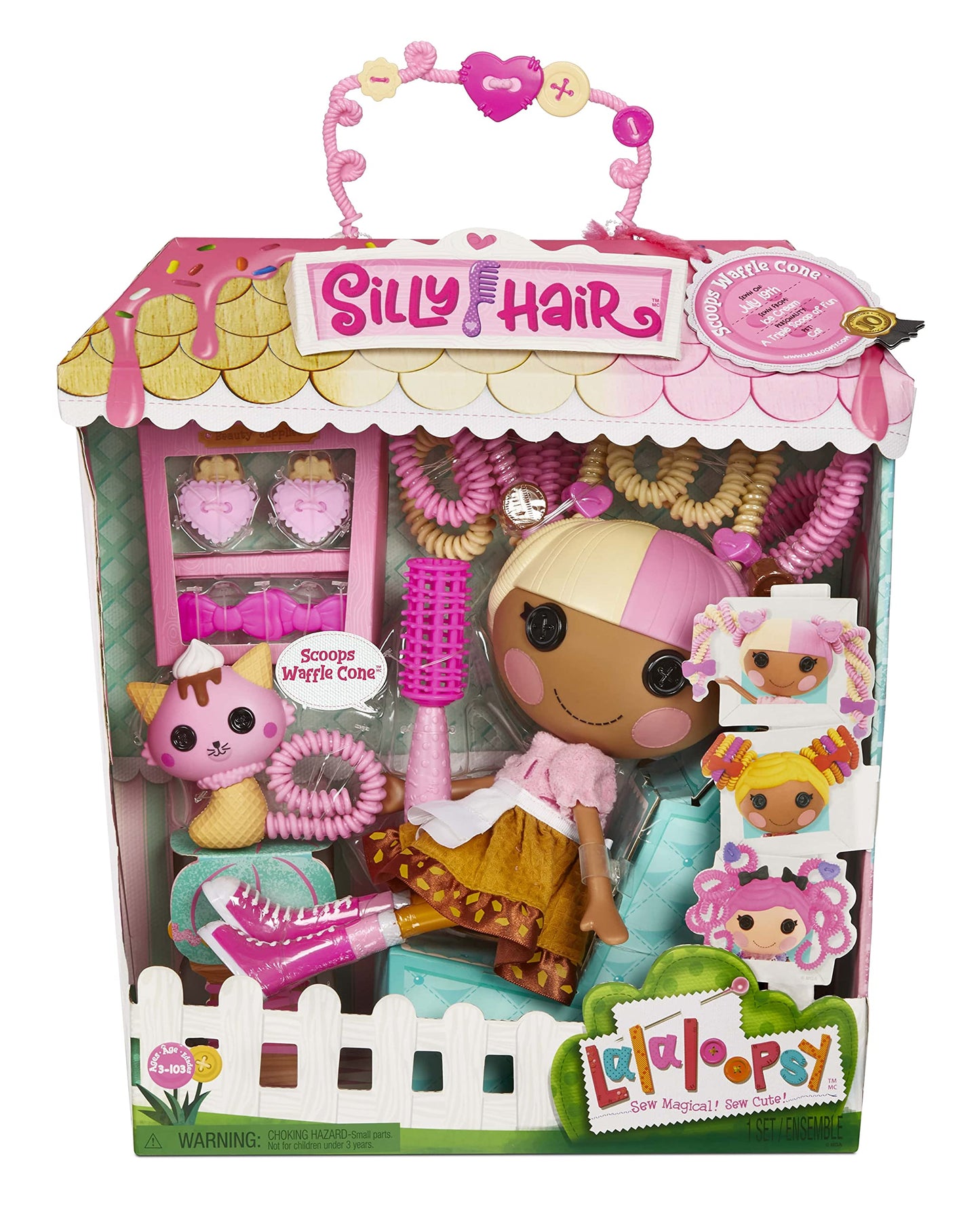 Lalaloopsy Silly Hair Scoops Waffle Cone Doll & Pet Cat, 13" Ice Cream Multicolor Hair Styling Doll & 11 Accessories, Salon Playset - Kids Gifts, Toys