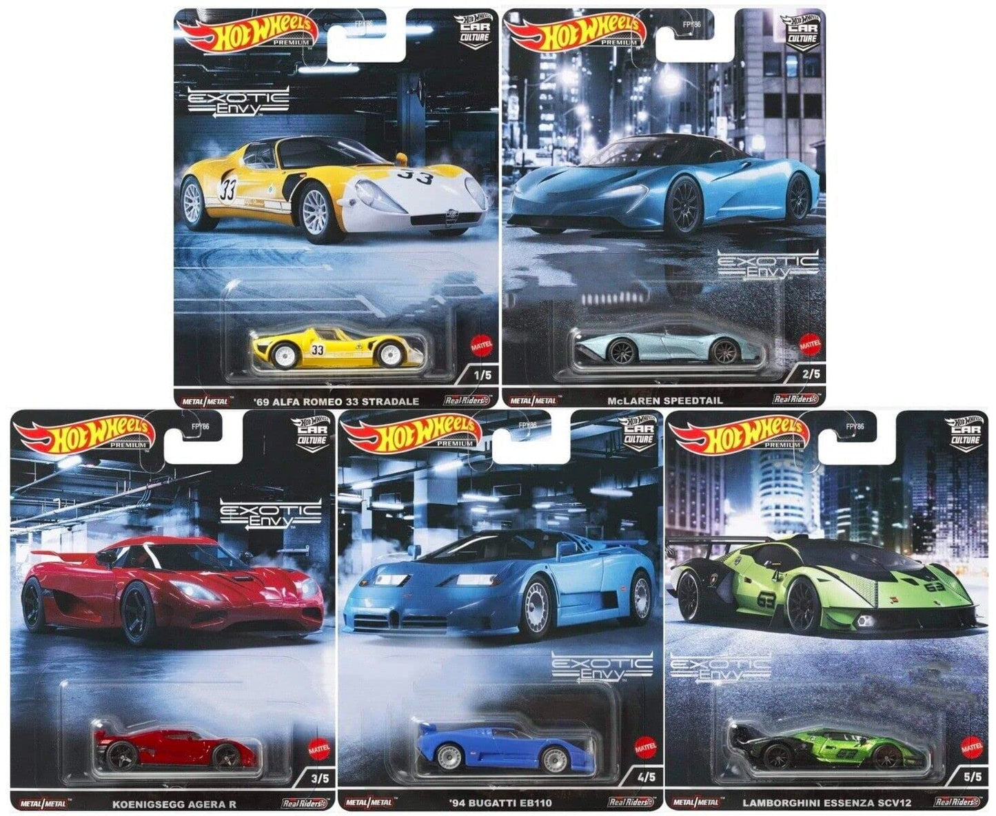 Hot Wheels Car Culture Exotic Envy Complete 5?Car Bundle - 2022 Die?Cast Supercar Collectible, 1:64 Scale, FPY86-957M, Ages 3+