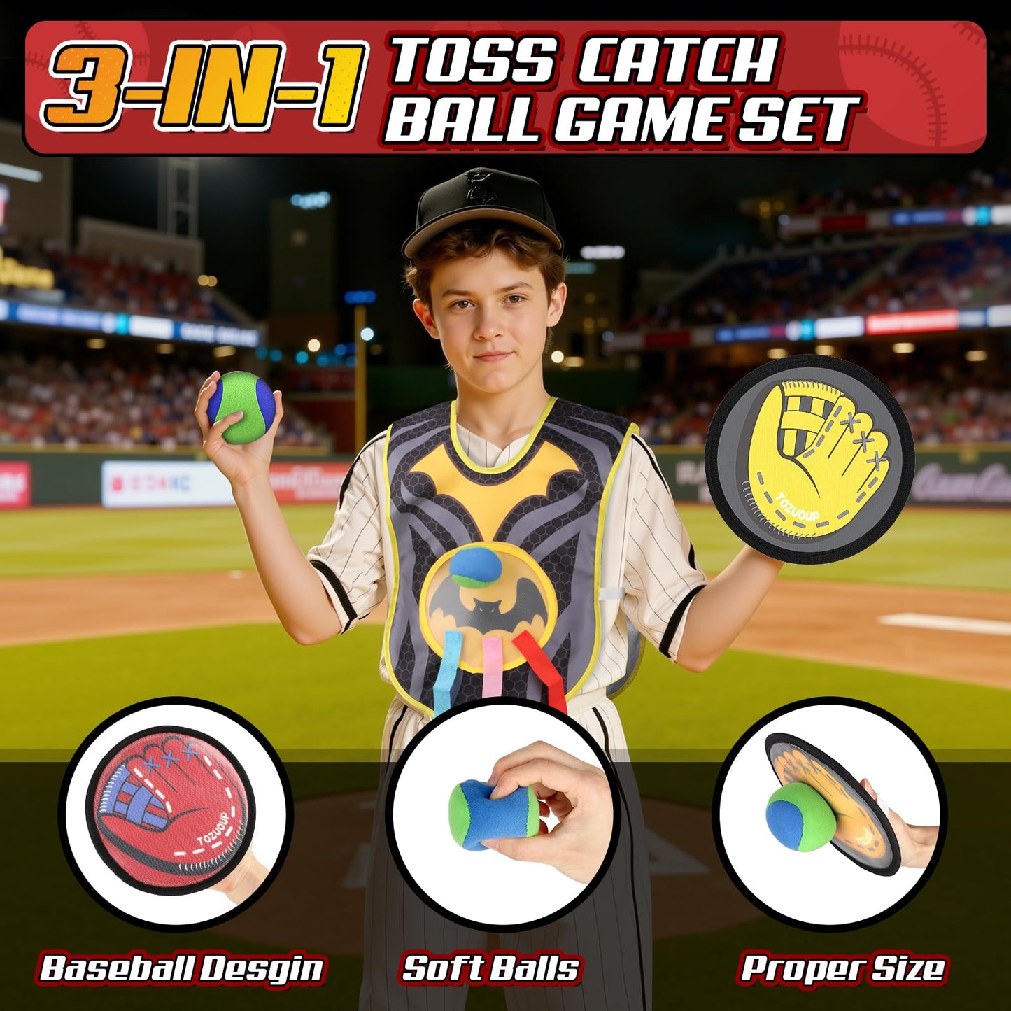 Tozuoup 3-in-1 Toss Catch Ball Game Set, Kids Baseball Glove, Beach Games Outdoor Yard Lawn Toys for Kids & Family, Birthday Gifts Toys for 3 4 5 6 7