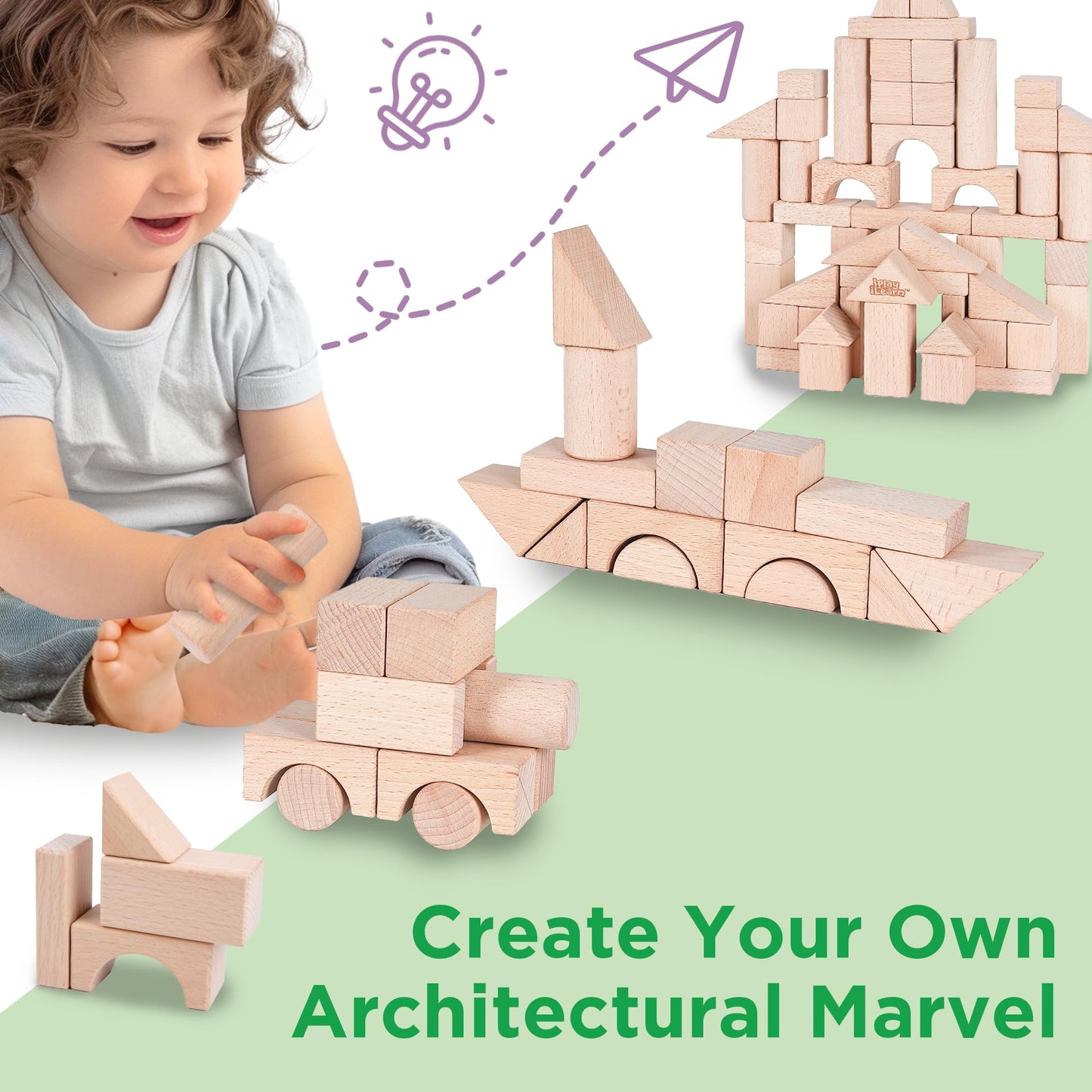 iPlay, iLearn Kid Wooden Building Block Set, Toddler Natural Wood Block Montessori Learning Toy, Large Hardwood Stacking Brick Castle Unit, Preschool