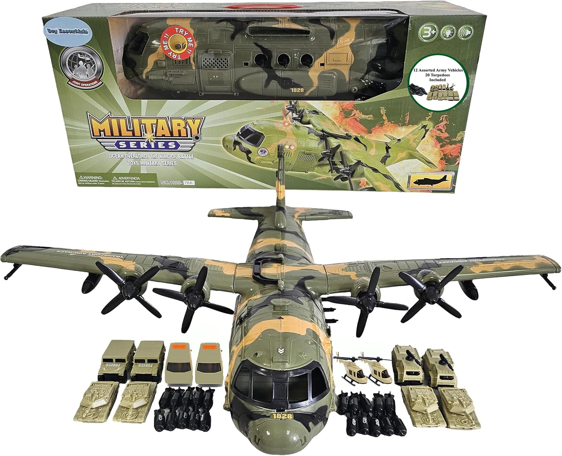 Toy Essentials Large Military 21-Inch Cargo Plane C130 Bomber Combat Air Force with Working Doors 20 Bombs and 12 Military Army Vehicles