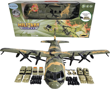 Toy Essentials Large Military 21-Inch Cargo Plane C130 Bomber Combat Air Force with Working Doors 20 Bombs and 12 Military Army Vehicles