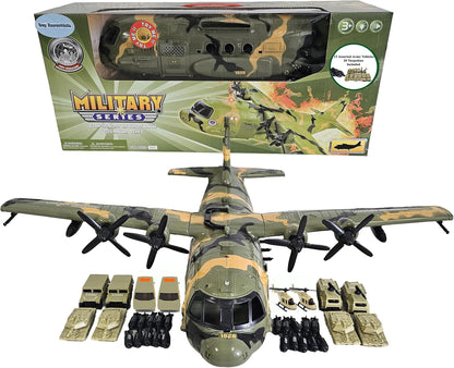 Toy Essentials Large Military 21-Inch Cargo Plane C130 Bomber Combat Air Force with Working Doors 20 Bombs and 12 Military Army Vehicles