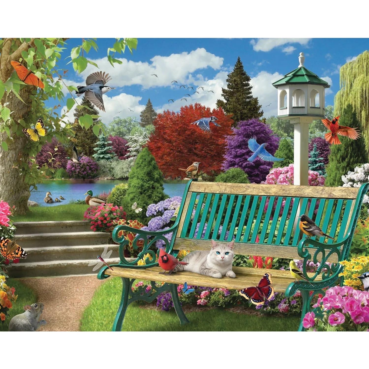 Bits and Pieces 100 Piece Puzzles for Adults - Party in The Park - 100 Extra Large Pieces 15" x 19" Jigsaw Puzzles, Cat Birds Spring, No 2 Pieces