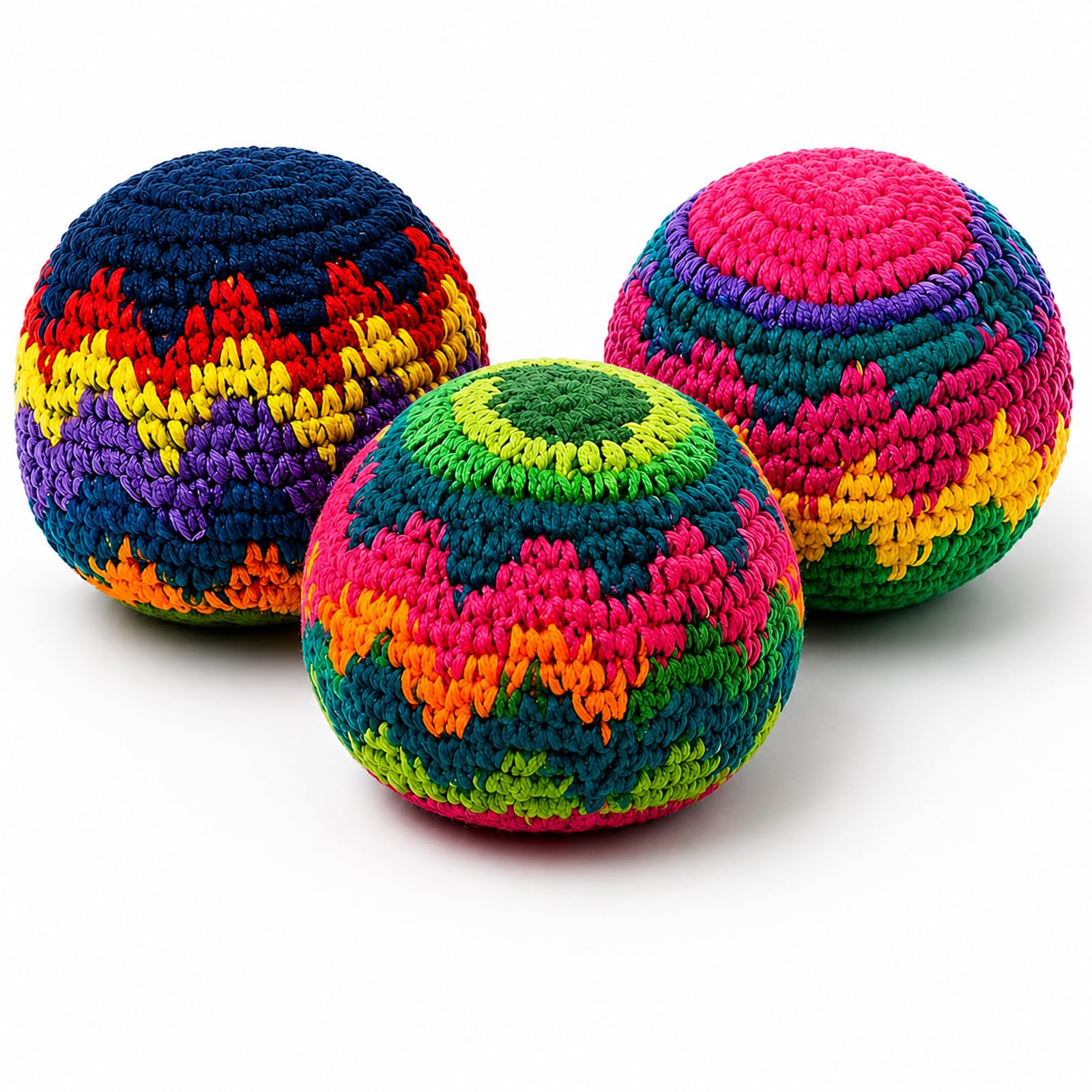 3 Pack Handmade Crochet Footbags, Hacky Kick Sack Balls, Assorted, 40g