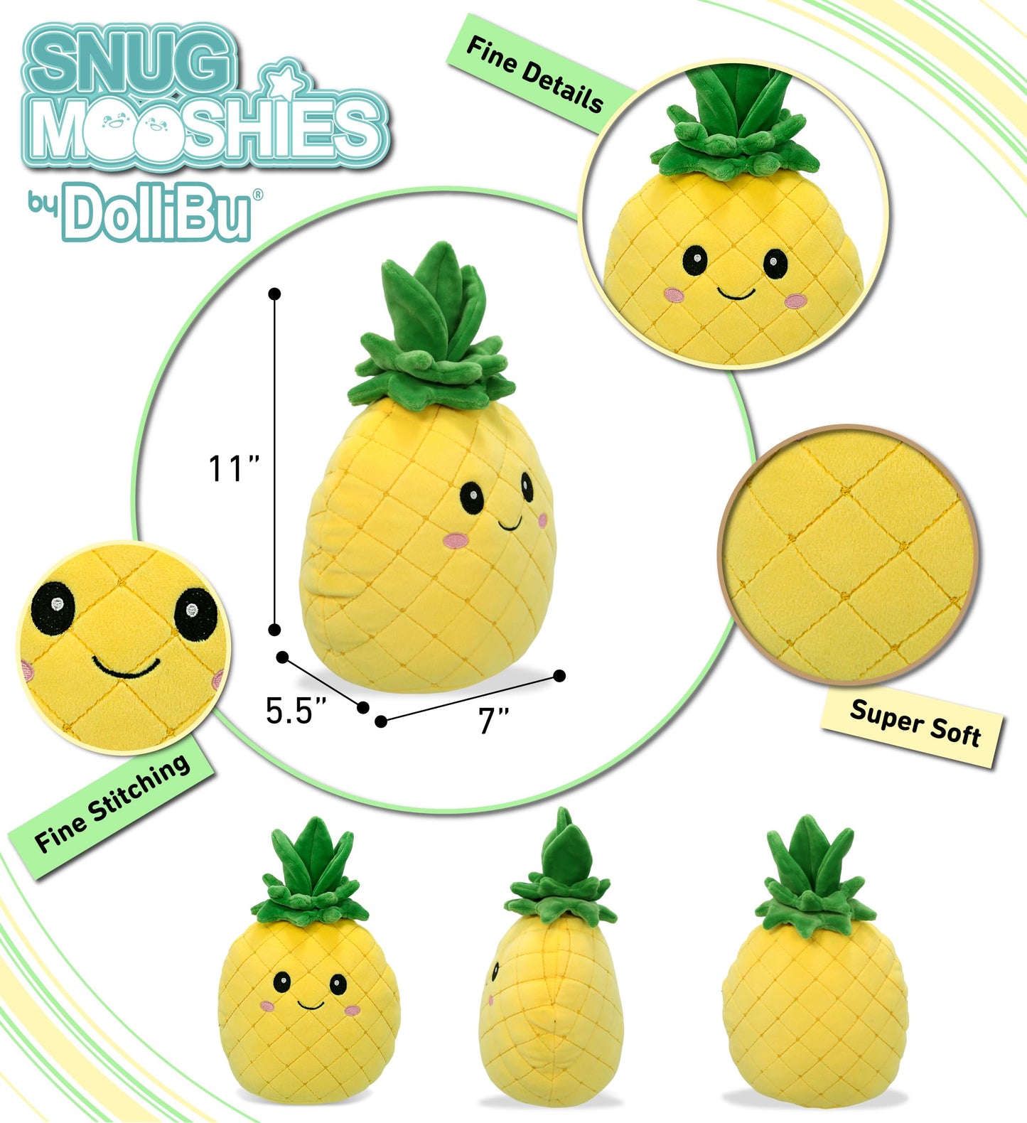 DolliBu Snug-Mooshies Pineapple Stuffed Toy - Super Squishy Cheerful Plush Fruit for Girls and Boys, Cute Pineapple Plush Toy for Stress Relief