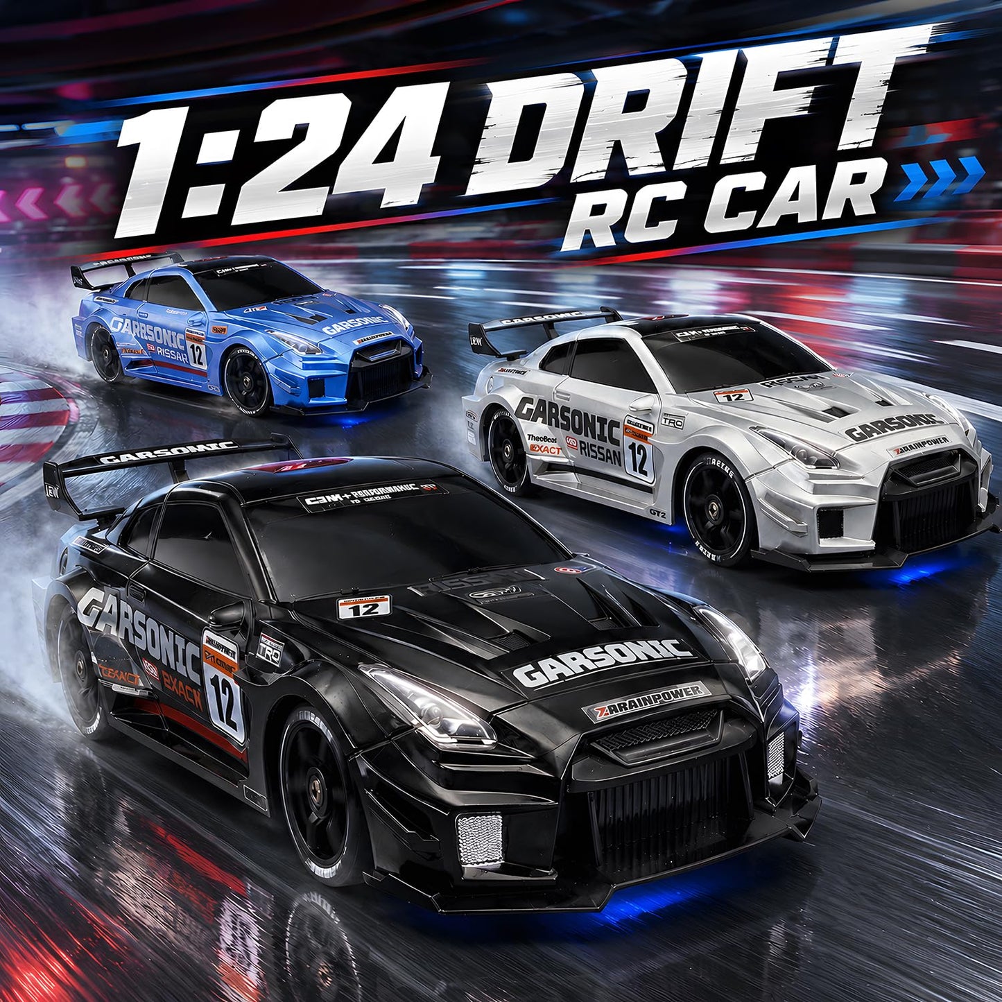 RCANGOL 1:24 RC Drift Car for Kids,4WD 2.4GHz 28KM/H High Speed Remote Control Car, Racing Sport Toy Car with LED Lights,Drifting Tires?Two Batteries