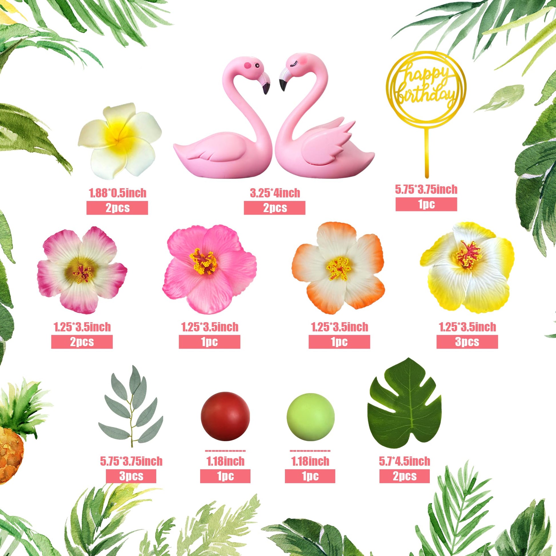 Flamingo Cake Toppers Summer Cake Decorations with Flower Palm Leaf Cake Toppers for Tropical Hawaiian and Beach Theme (Style1)