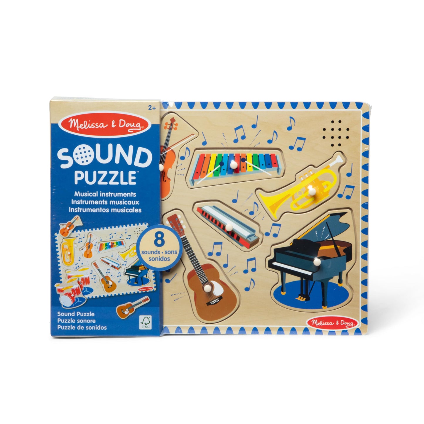 Melissa & Doug Musical Instruments Sound Puzzle - Wooden Peg Puzzle with Light-Activated Sound Effects (8 pcs) Wooden Peg Baby Music Learning Toys,