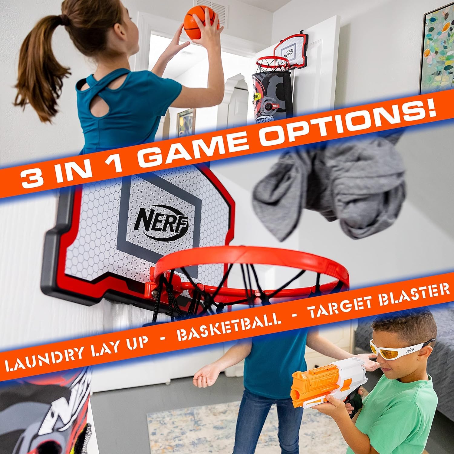Franklin Sports NERF 3-in-1 Laundry Layup Basketball Hoop Hamper
