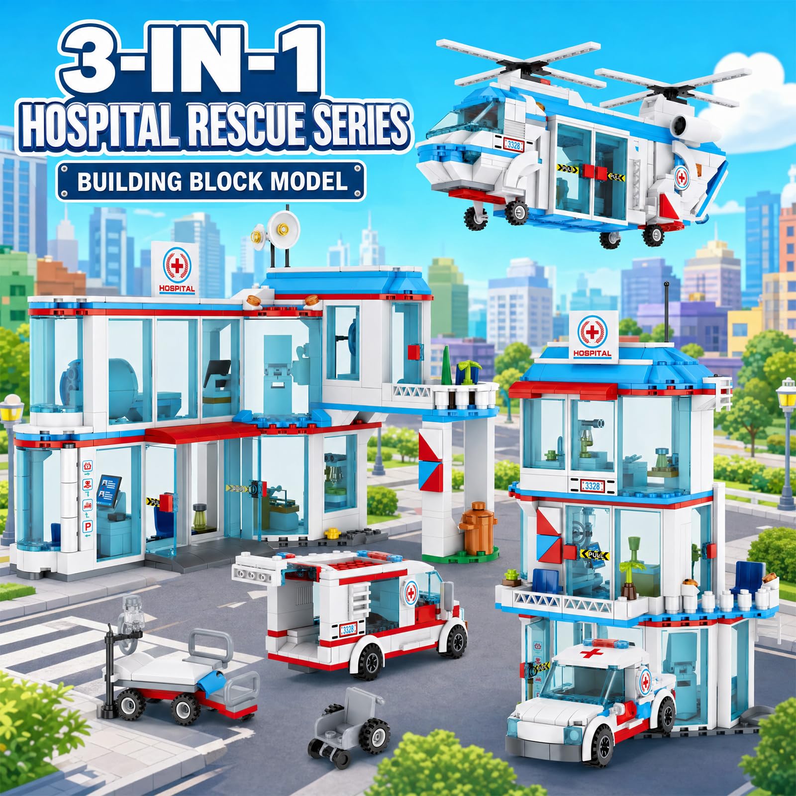 JYLWSMHU City Hospital 3 in 1 Building Block Set Hospitals Model Belt Ambulance Rescue Helicopter Home Office Decor Collectors Adults for Teenas Best