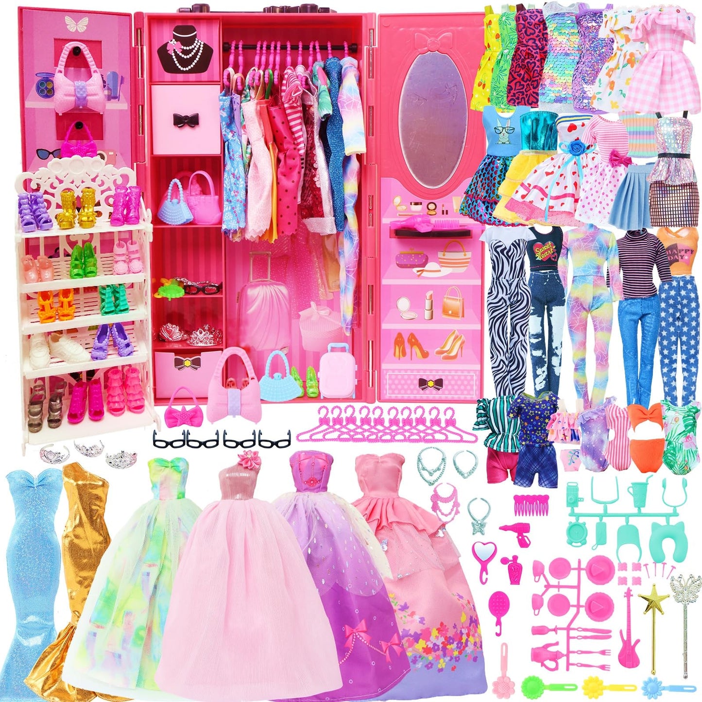127pcs Doll Clothes Accessories and Closet for 11.5 inch Girl Doll,Dollhouse Wardrobe Storage Fashion Dress Gowns Outfits Swimsuits Tops Bottoms Shoe