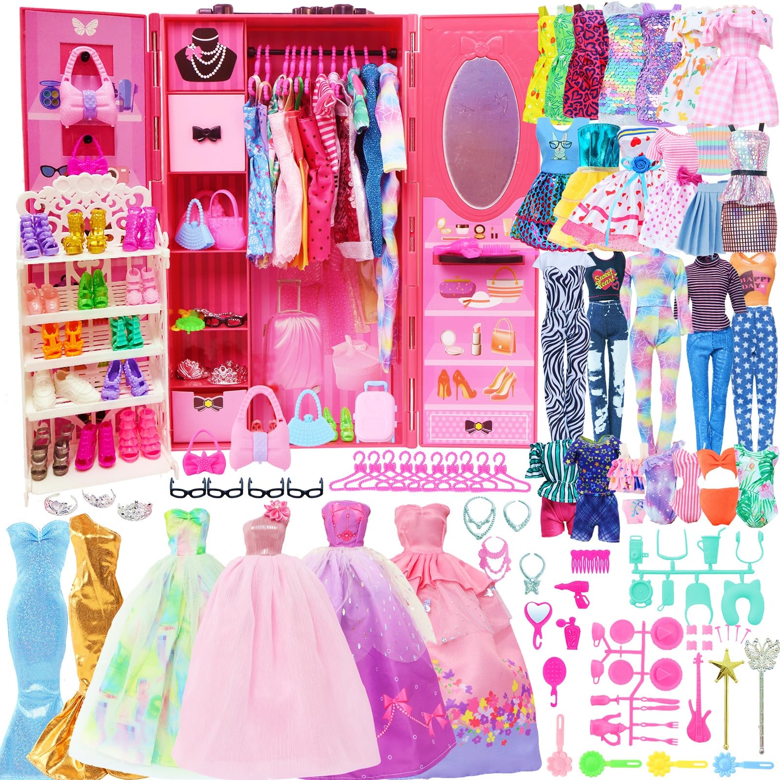 127pcs Doll Clothes Accessories and Closet for 11.5 inch Girl Doll,Dollhouse Wardrobe Storage Fashion Dress Gowns Outfits Swimsuits Tops Bottoms Shoe