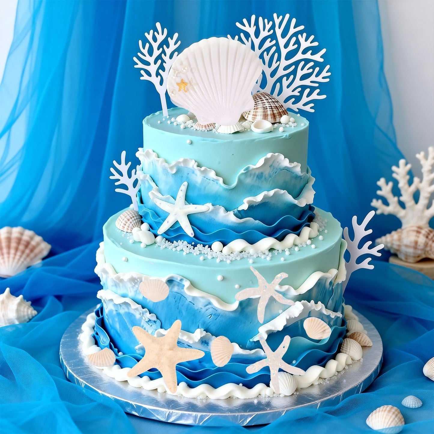 20Pcs Sea Shell Cake Decorations - Under The Sea Beach Theme Seashell Cake Toppers Starfish Coral Cake Decorations for Girls Women’s Birthday Baby