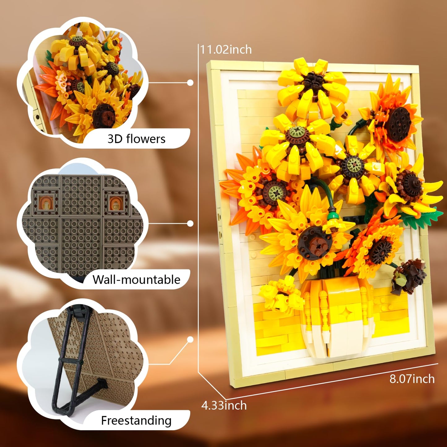 NightFlares Motion-Sensing LED Light Sunflower Photo Frame Building Kit 1011 PCS, Inspired Wall Art Decor, Creative Gift for Adults & Teens 14+