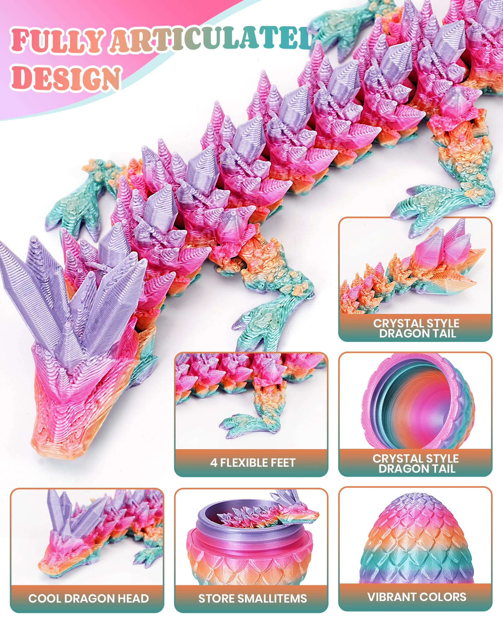 12" 3D Printed Dragon Easter Eggs with Dragon Inside, Prefilled Easter Dragon Egg with Dragon Toy for Basket Stuffers,Articulated Crystal Dragon