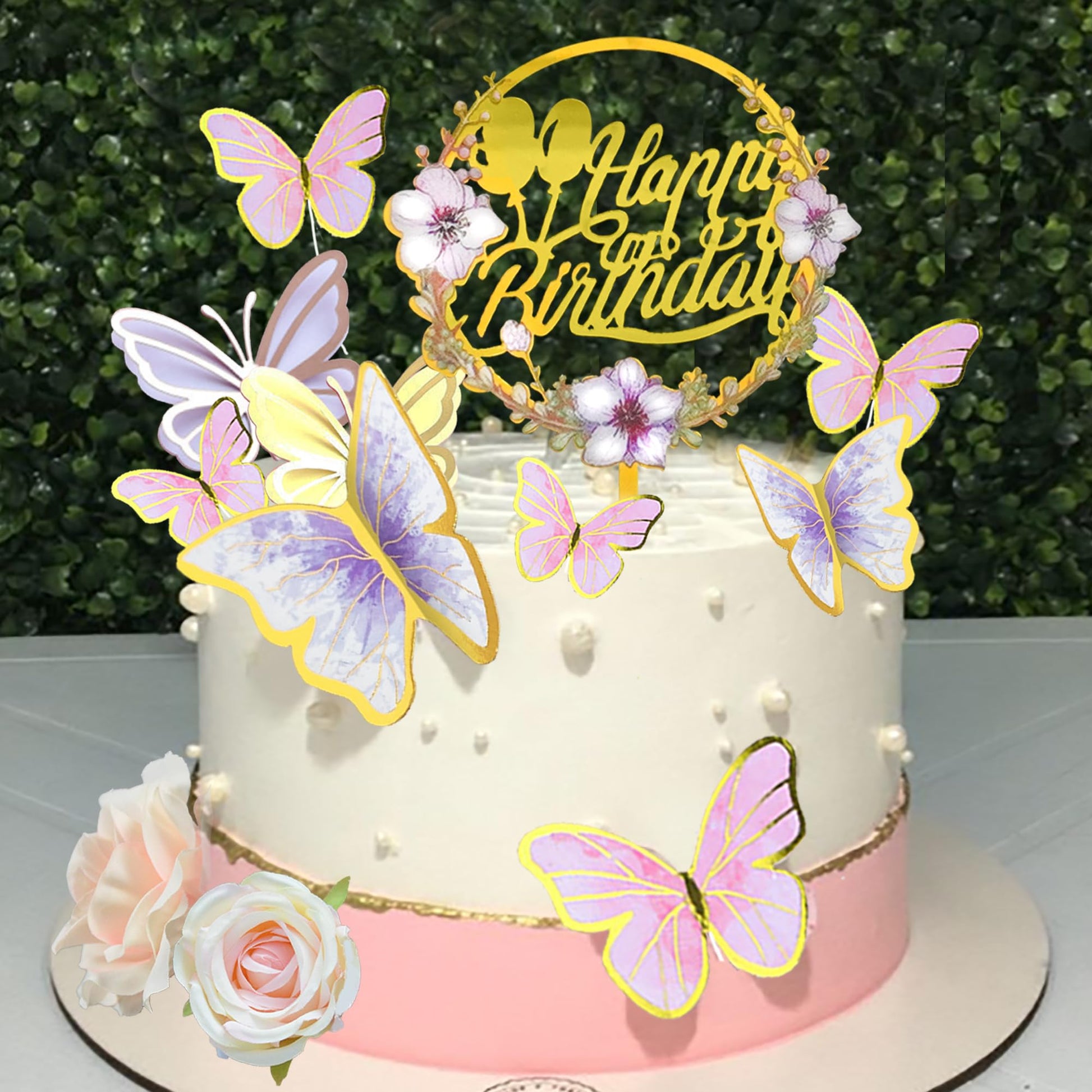 35PCS Butterfly Cake Topper Decorations with Artificial Flowers for Anniversary Butterfly Birthday Supplies (Pink Gold)