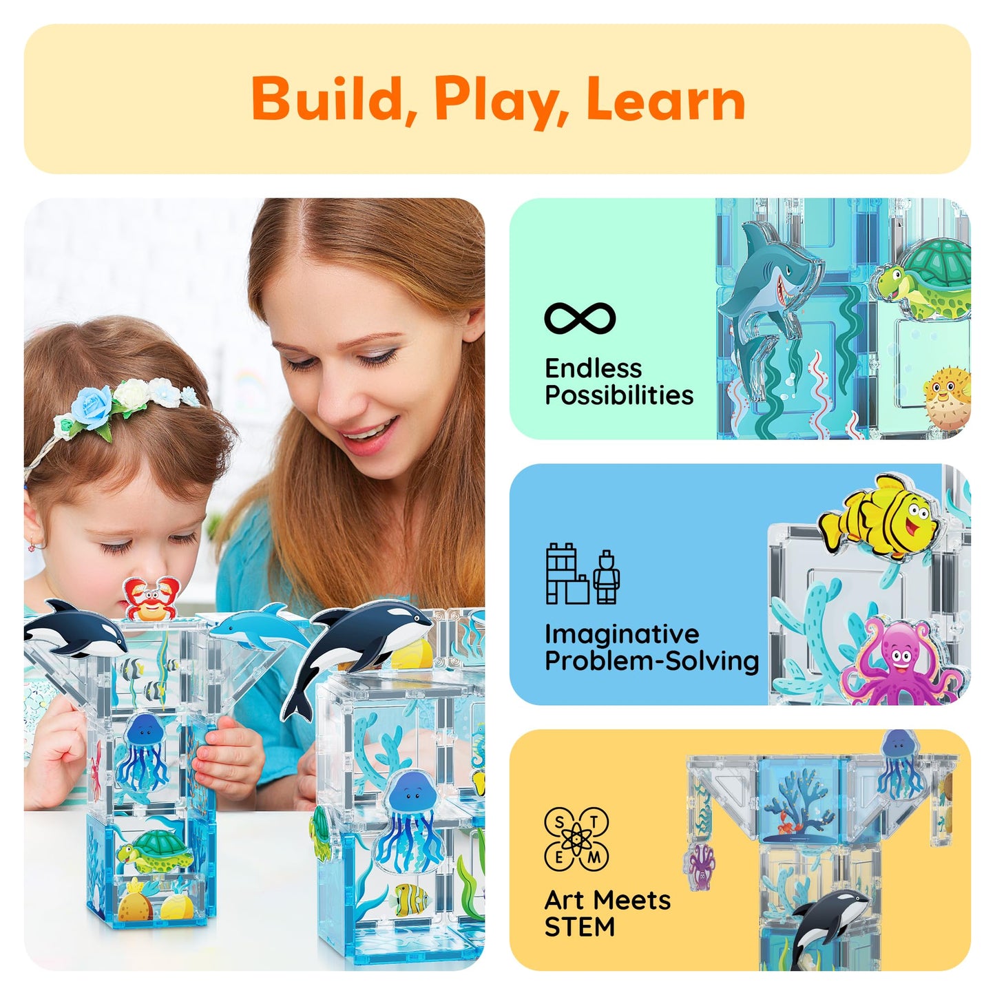 PicassoTiles Magnet Tiles Magnetic Building Blocks Aquarium Marine Animal Theme Set with 8 Character Action Figures Shark Crab Turtle STEM Toys