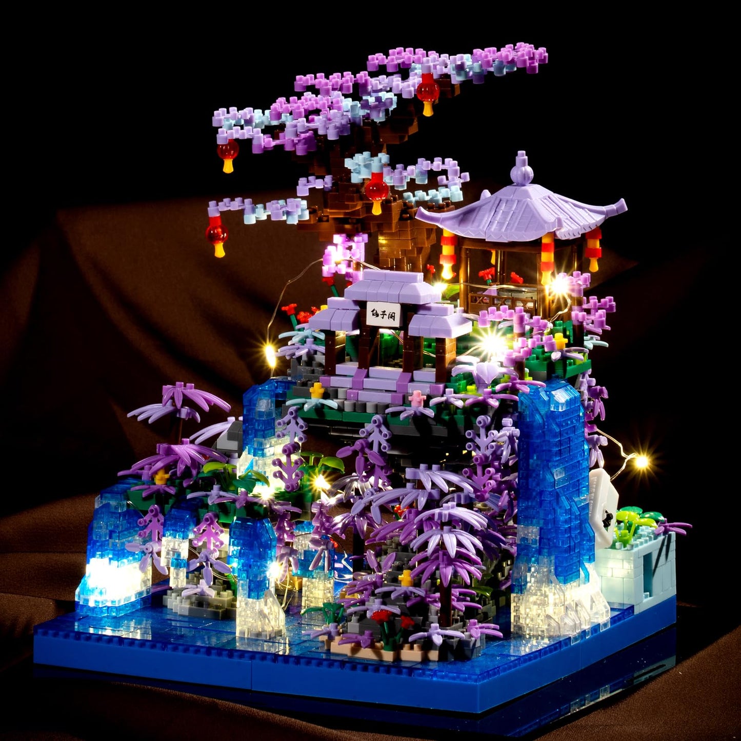 CAXIMSY Cherry Blossom Tree House Micro Building Blocks Set,Peach Blossom Pond Flowers Bricks Architecture Kit with LED Light Gifts for Adults