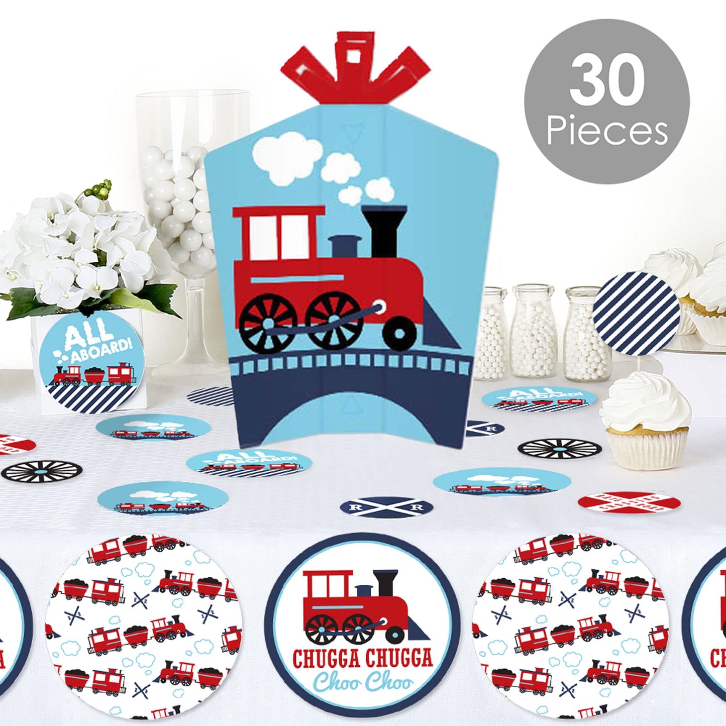 Big Dot of Happiness Railroad Party Crossing - Steam Train Birthday Party or Baby Shower Decor and Confetti - Terrific Table Centerpiece Kit - Set