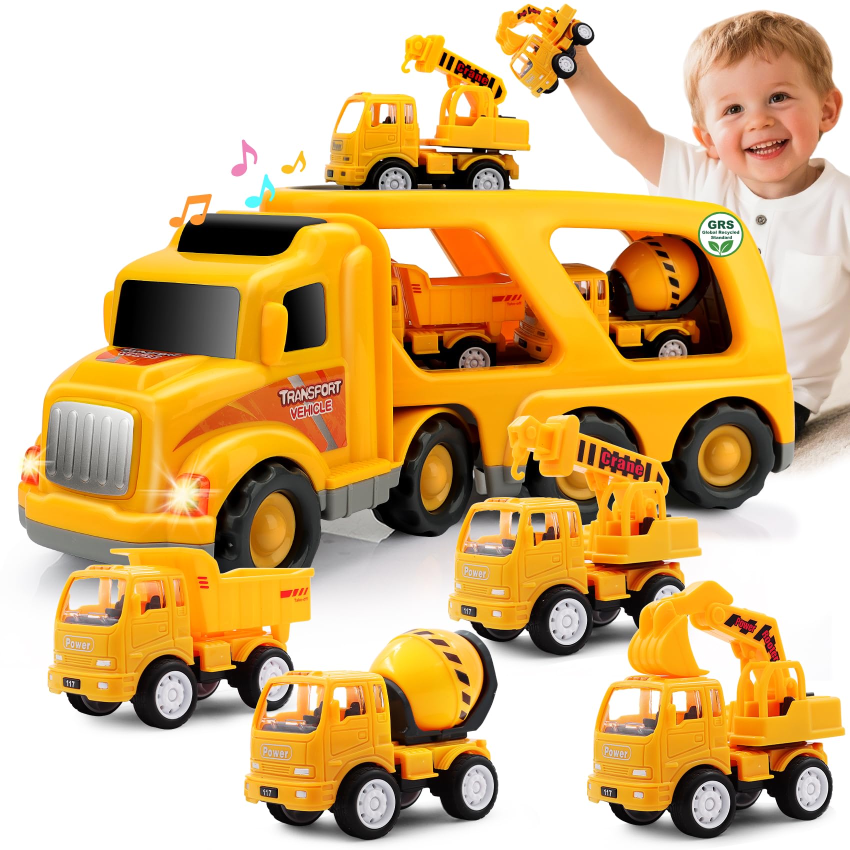 Nicmore Construction Truck Toddler Toys Car: Toys for 1 2 3 4 Year Old Boy 5 in 1 Carrier Toys for Kids Age 1-3 2-4| 18 Months 2 Year Old Boy