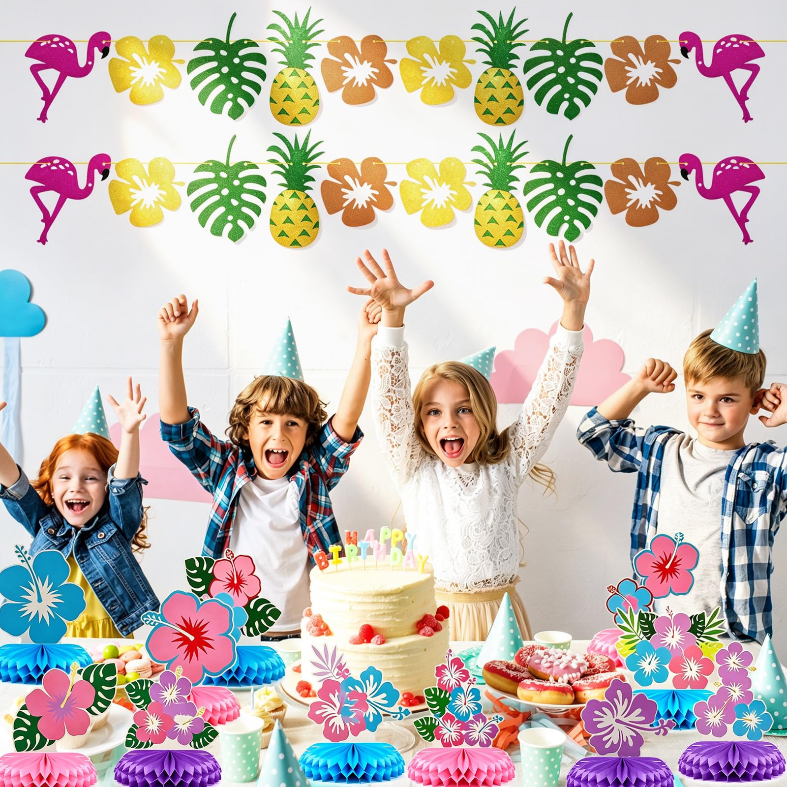 Karror 14 Pcs Tropical Hibiscus Honeycomb Table Centerpieces,Two-Sided Aloha Luau Table Toppers,Hawaiian Beach Party Decor for Summer Birthday