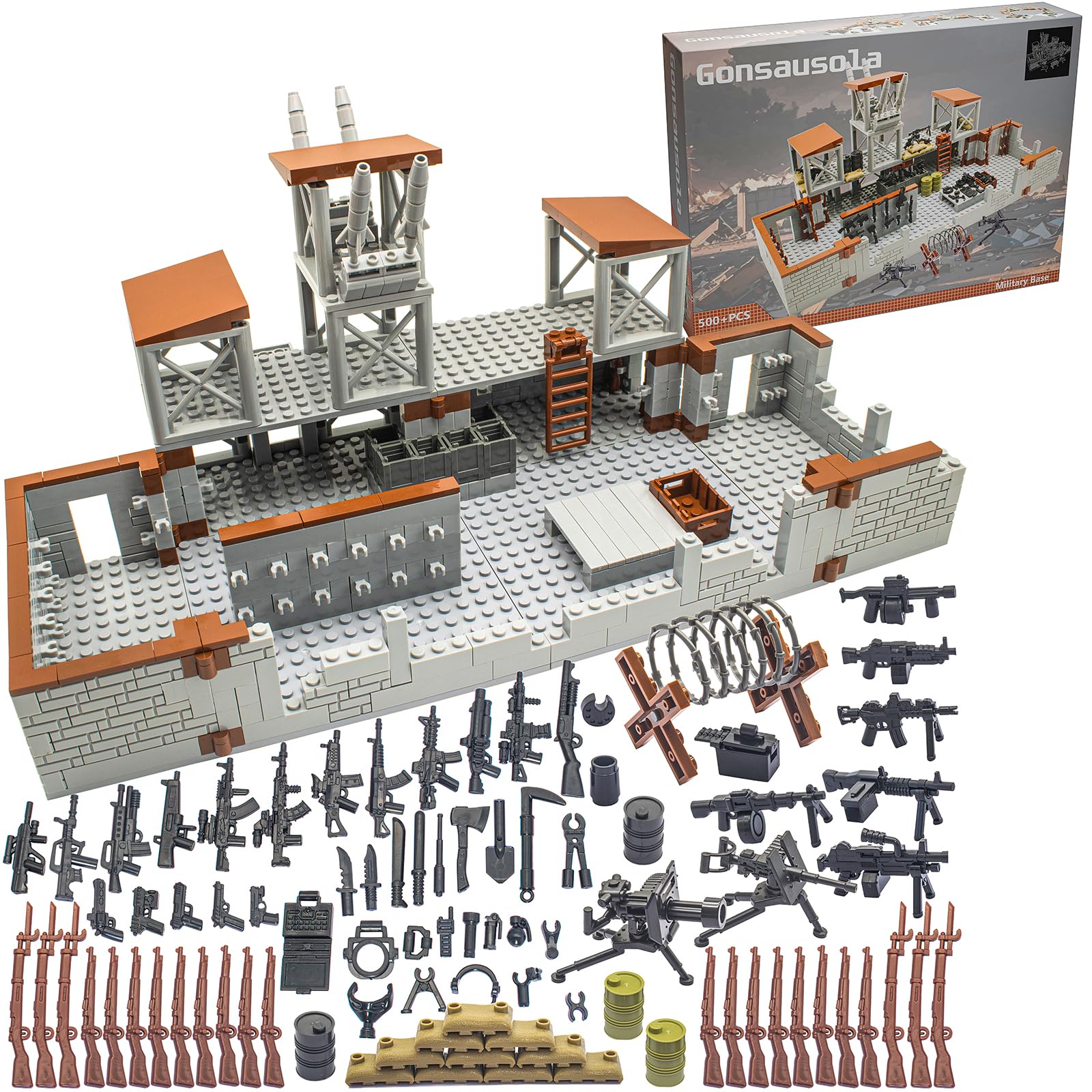Gonsausola 500+ Pcs Military Base Building Brick Sets Include Defence Base Guard Tower for Army Mini Figures, Weapon Pack Accessories Kits Toys, Guns