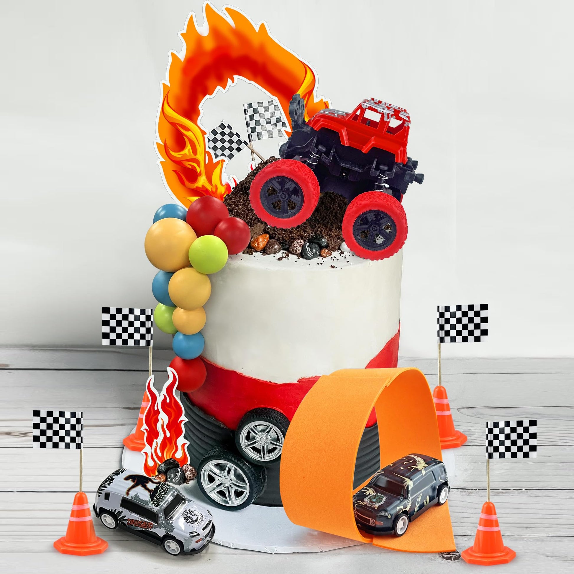 30PCS Truck Cake Decorations Truck Cake Toppers Red Blue Yellow Green Balls Race Car Cake Toppers for Truck Themed Racing Car Party Decorations