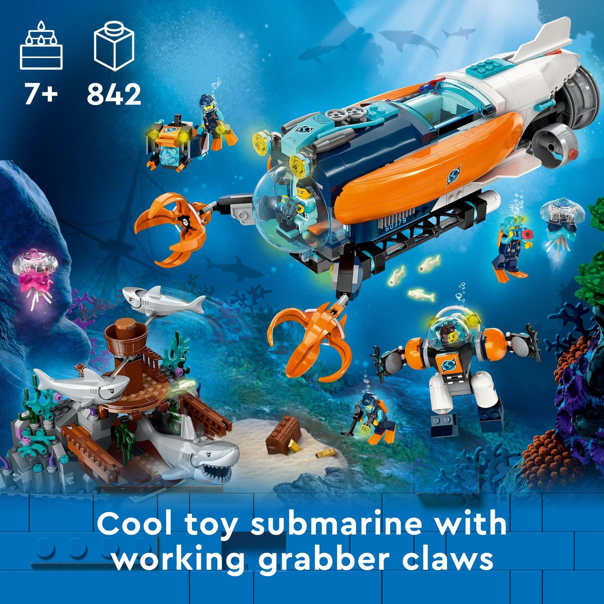 LEGO City Deep-Sea Explorer Submarine 60379 Building Toy Set, Ocean Submarine Playset with Shipwreck Setting, 6 Minifigures and 3 Shark Figures for
