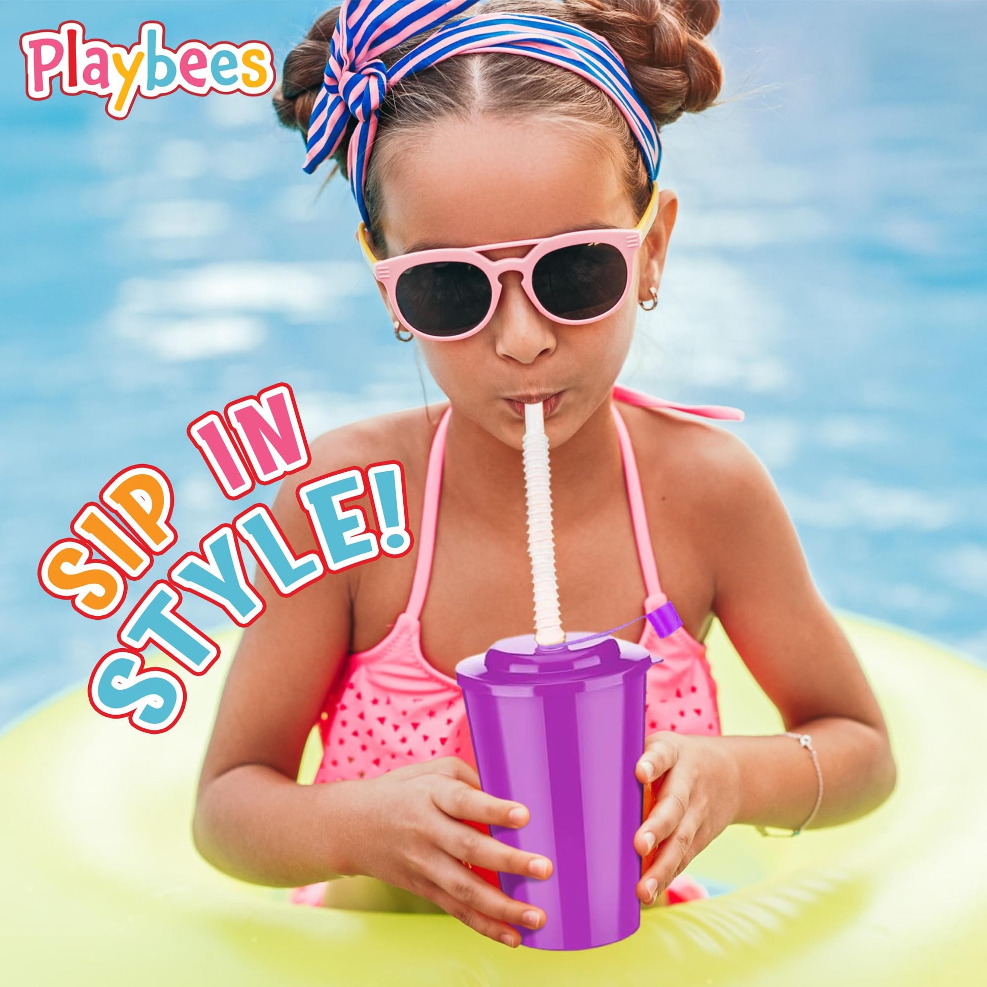 Playbees 12 Pack Neon Sipper Cups - 6 Oz. - Colorful, Spill-Proof Cups with Lids and Straws - Ideal for School Events, Themed Parties, and Birthday