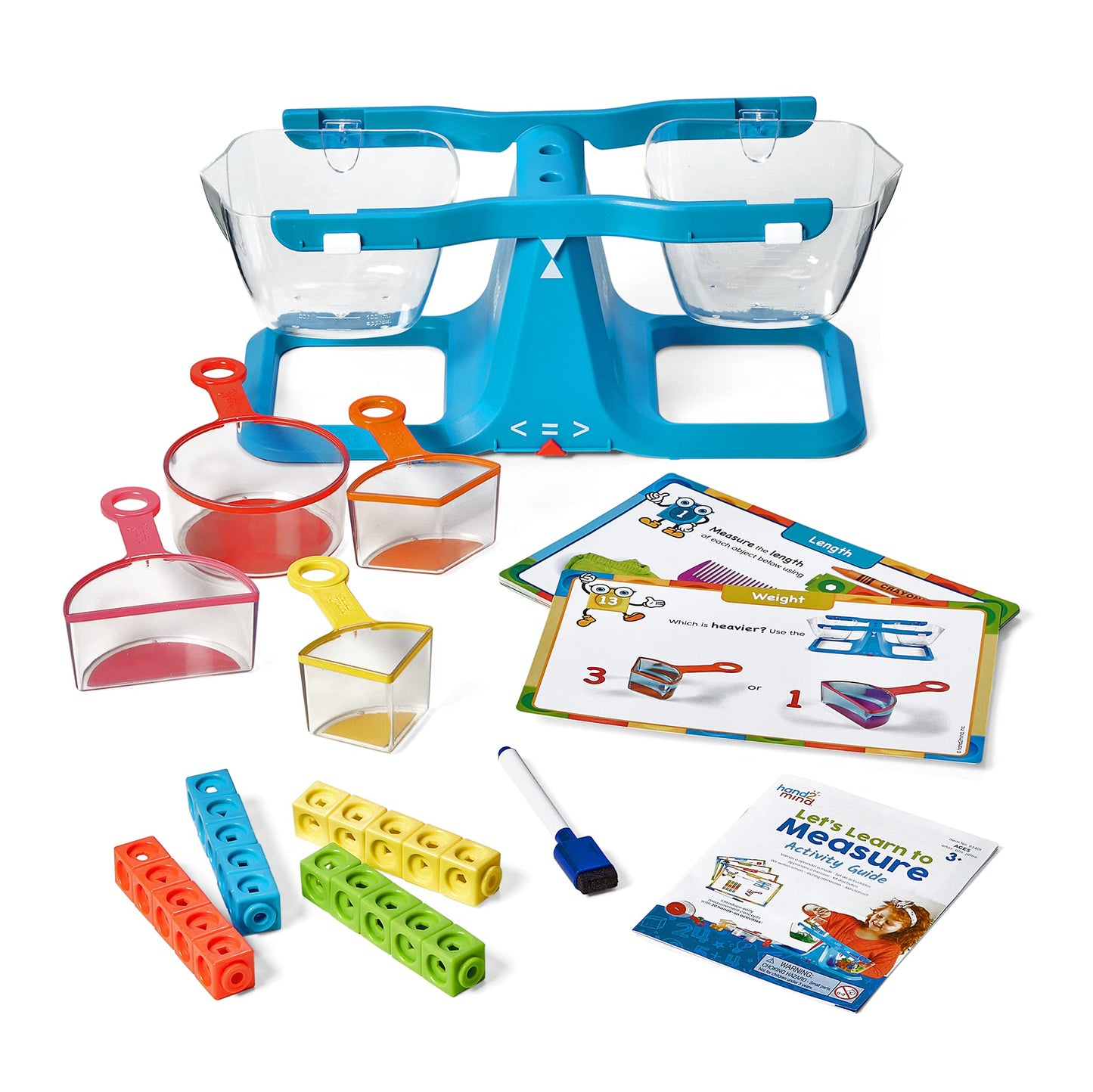 hand2mind Let's Learn to Measure Activity Set, Kids Measuring Cups, Bucket Balance, MathLink Cubes and Activity Cards Set, Teacher Supplies, Classroom