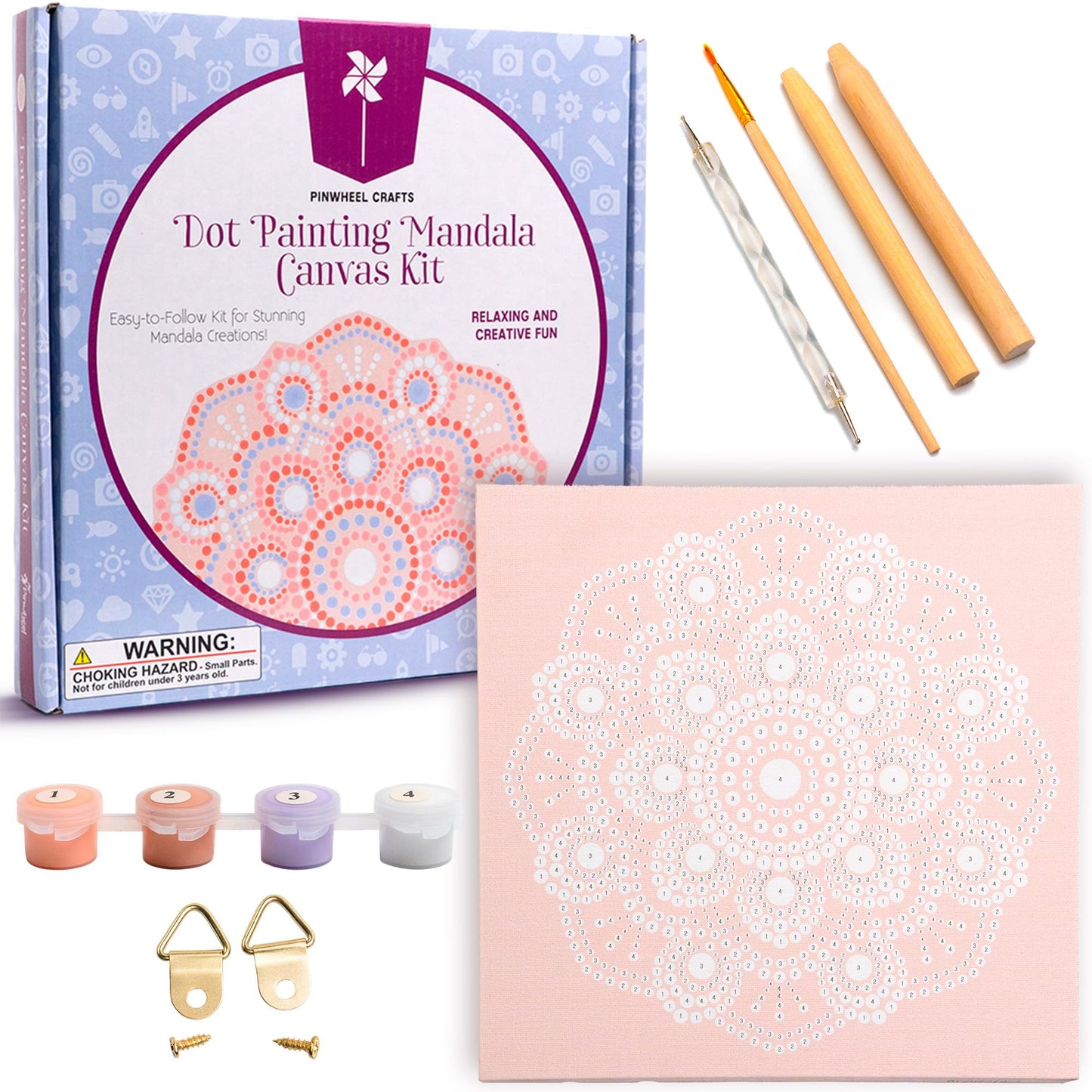 Pinwheel Crafts Painting Kit Mandala for Kids Ages 6-12 - Dot Painting Canvas Set with Mandala Dotting Tools, Paints, Brushes, Easy Instruction