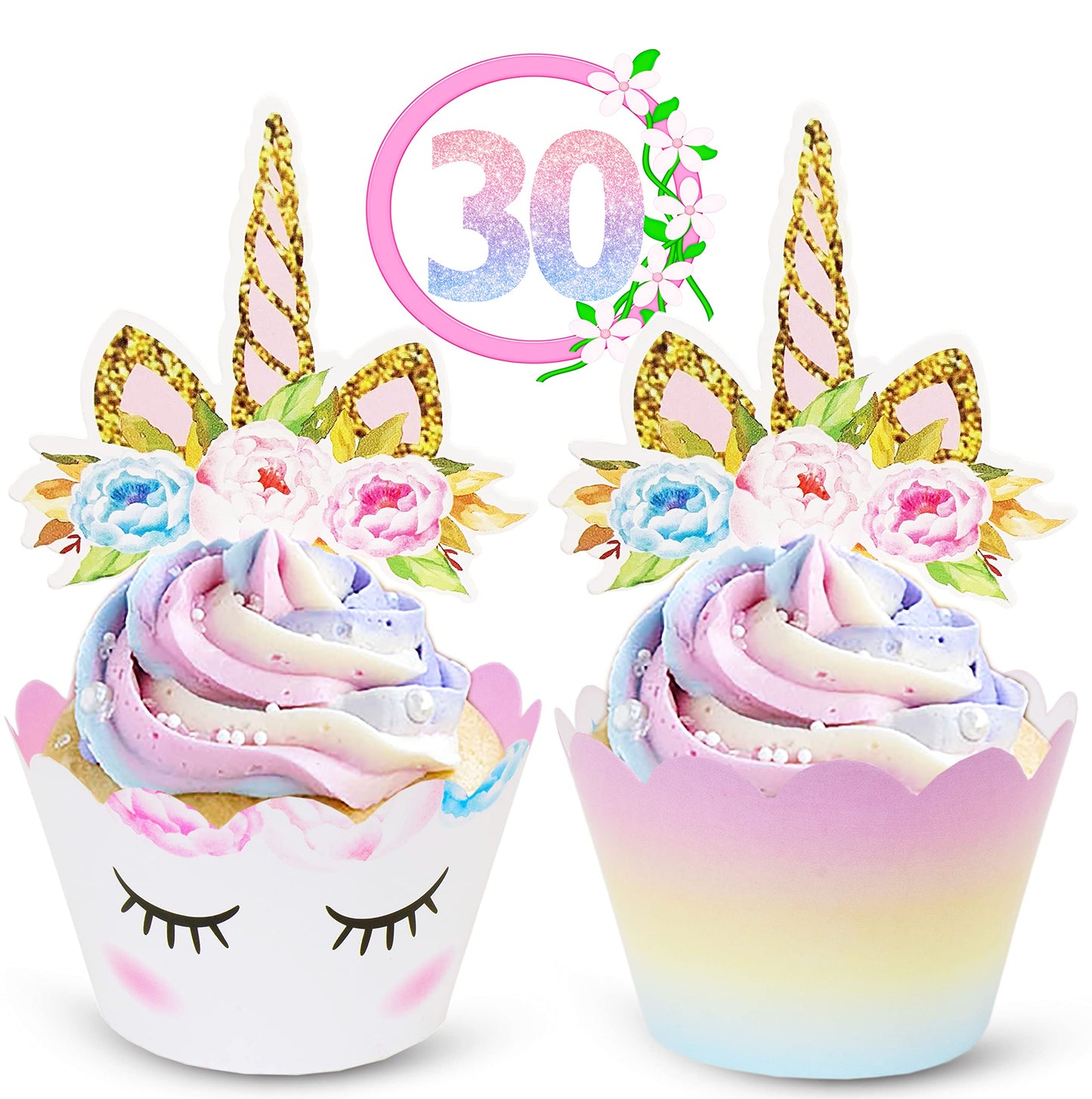 ecoZen Unicorn Cupcake Toppers and Wrappers Decorations, Reversible Rainbow Cupcake Liners with Unicorn Toppers, Cute Decorating Supplies for Girl