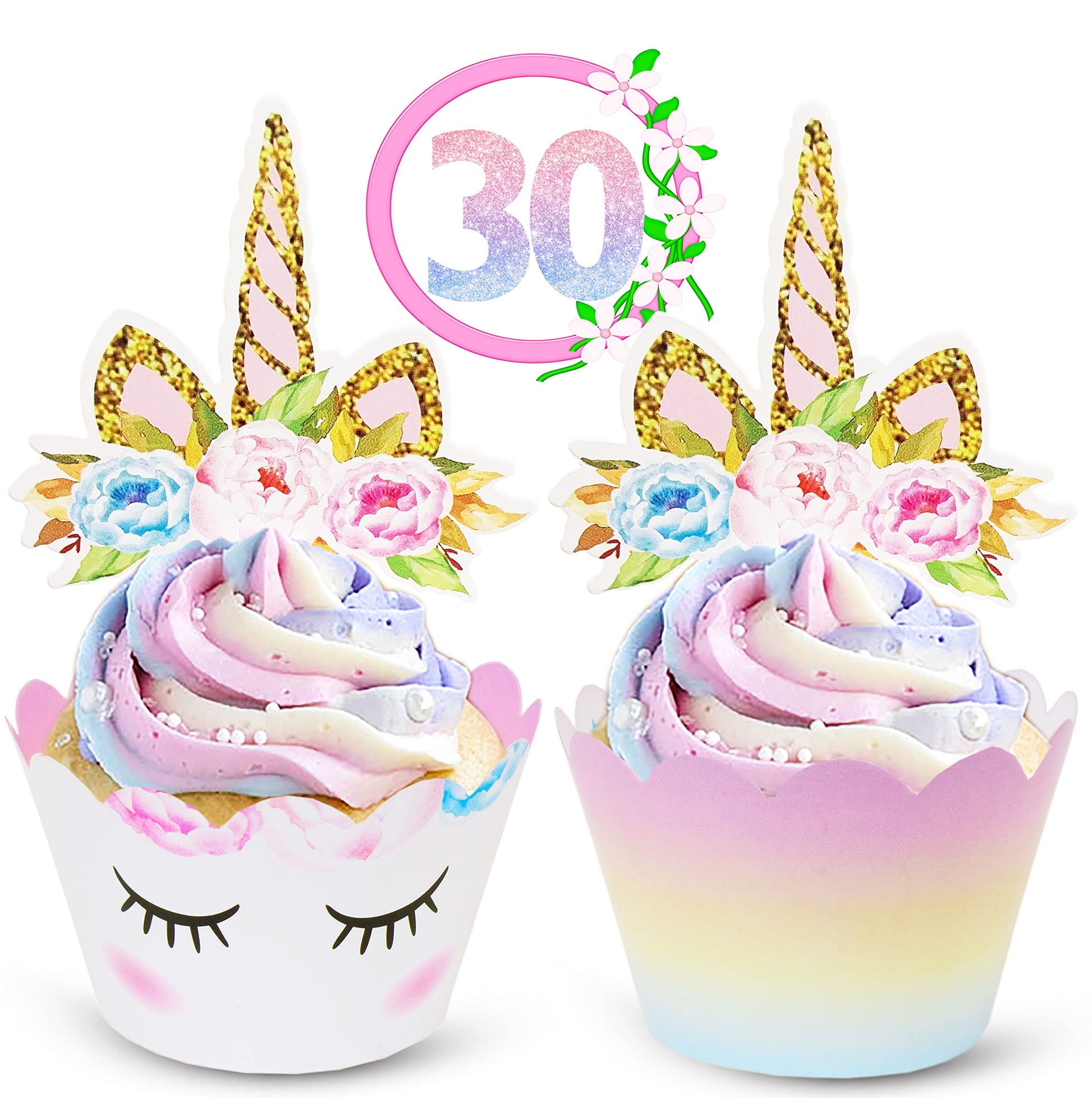 ecoZen Unicorn Cupcake Toppers and Wrappers Decorations, Reversible Rainbow Cupcake Liners with Unicorn Toppers, Cute Decorating Supplies for Girl