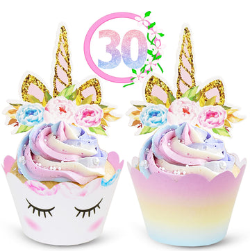 ecoZen Unicorn Cupcake Toppers and Wrappers Decorations, Reversible Rainbow Cupcake Liners with Unicorn Toppers, Cute Decorating Supplies for Girl