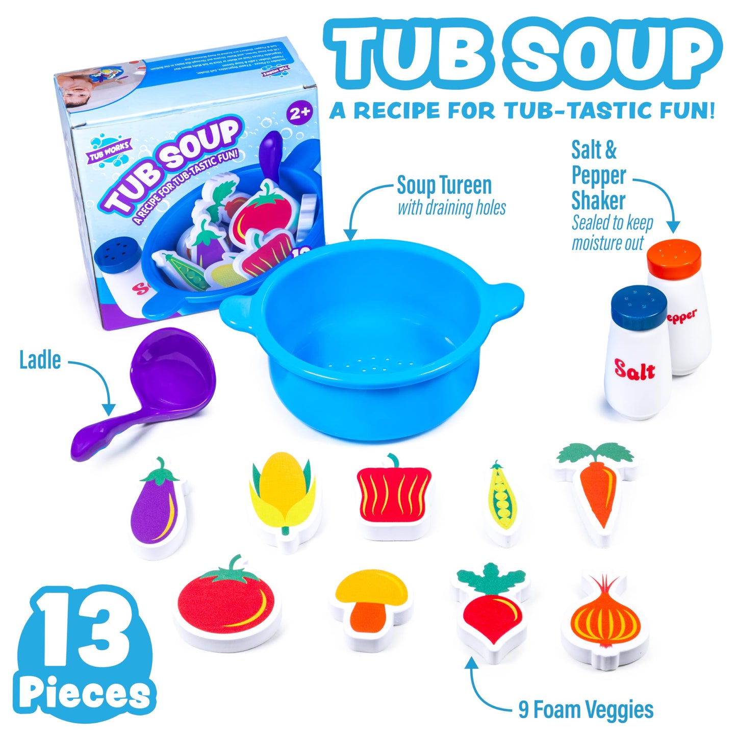 Tub Works® Tub Soup™ Scoop, Strain & Play Toddler Bath Toy | Floating Foam Veggies, Ladle for Scooping & Soup Pot for Straining | Pretend Play Cooking