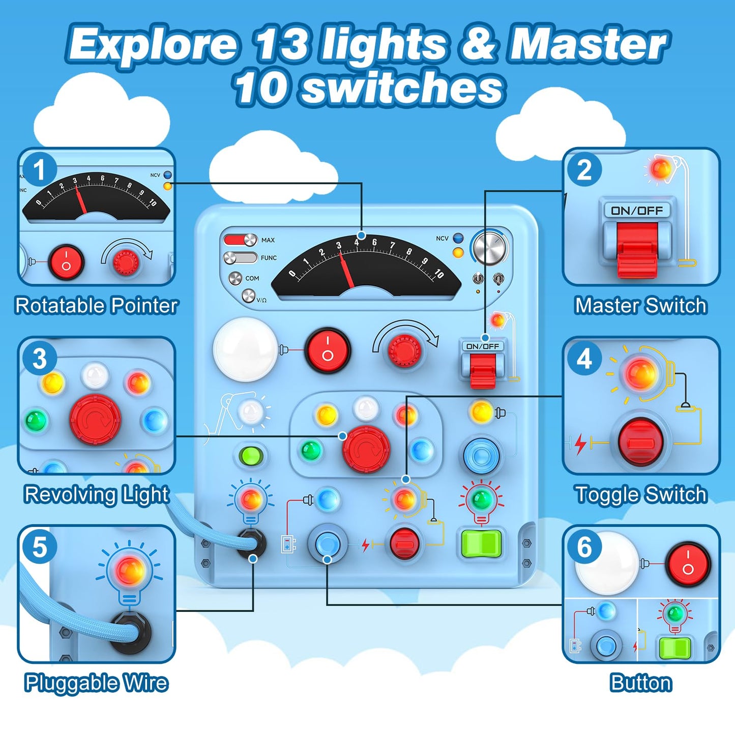 Busy Board Montessori Toys for Toddlers 1 2 3 4 Year Old with 13 LED Lights, Sensory Board Toys Educational Learning for Toddlers, Activity Toy