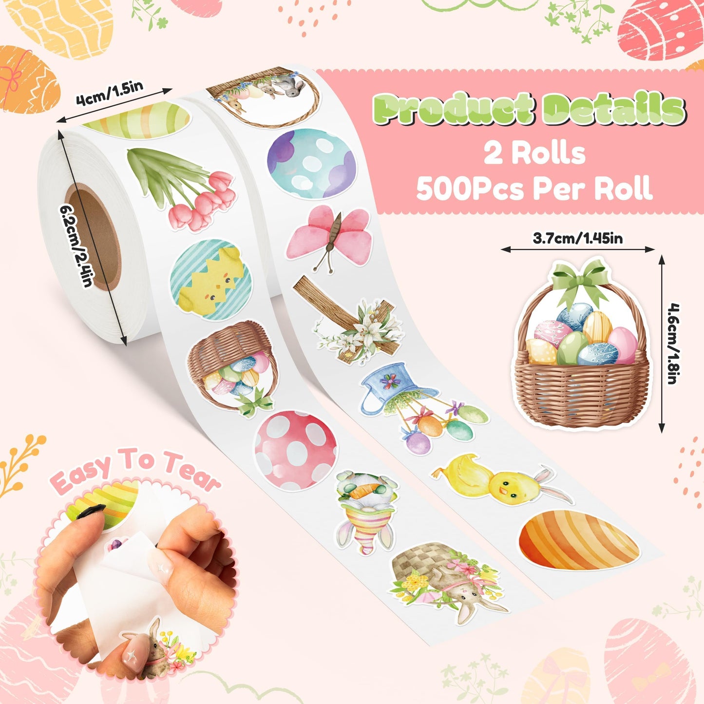 5wsech Cute Watercolor Roll Stickers - 1000Pcs Colorful Egg Flower Chick Bunny Aesthetic Vinyl Stickers for Kids, Happy Easter Party Gift Waterproof