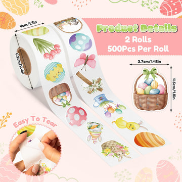 5wsech Cute Watercolor Roll Stickers - 1000Pcs Colorful Egg Flower Chick Bunny Aesthetic Vinyl Stickers for Kids, Happy Easter Party Gift Waterproof