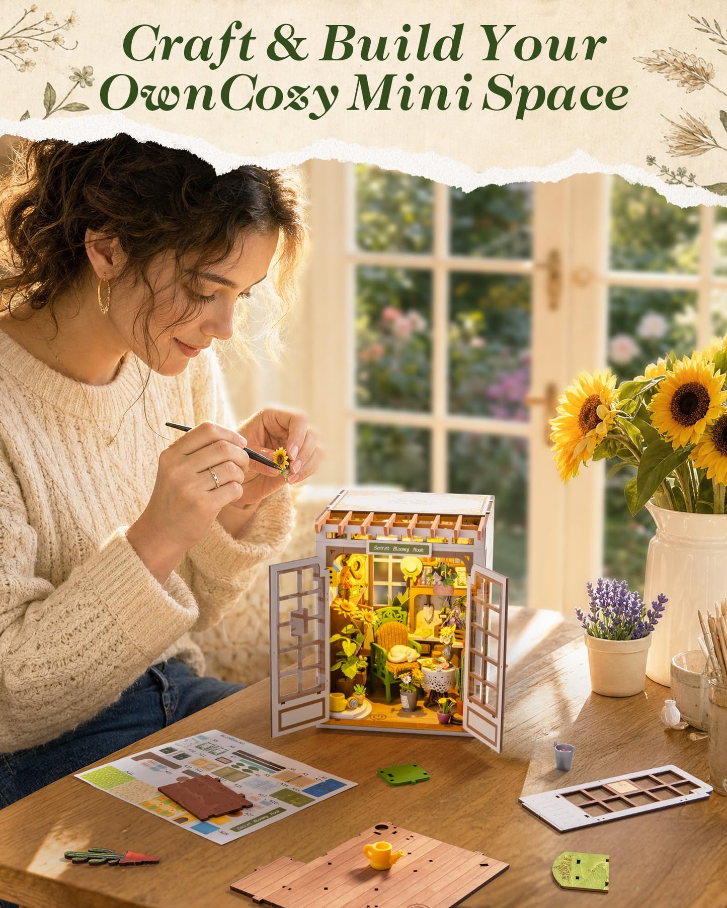 ROBOTIME DIY Miniature House-Secret Bloomy Nook, Greenhouse Miniature House Kits for Adults, Flowers Plants Garden Book Nook Kit with LED Bookshelf