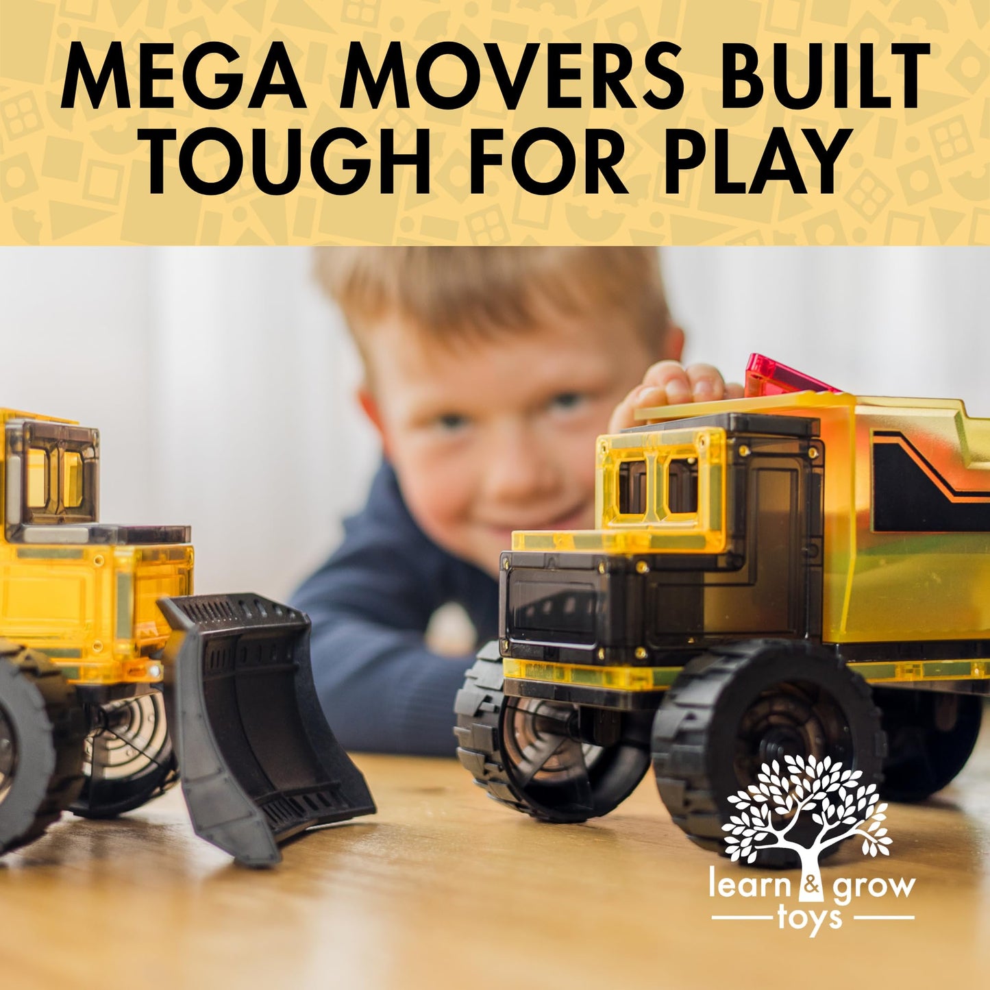 Learn & Grow Mega Movers - Jumbo Magnetic Tiles Construction Trucks X2 Dump Truck & Bulldozer Vehicles, Moveable Wheels - Durable STEM Toy, Kids Ages