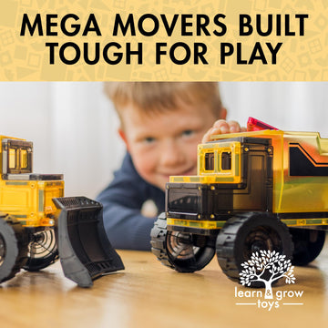 Learn & Grow Mega Movers - Jumbo Magnetic Tiles Construction Trucks X2 Dump Truck & Bulldozer Vehicles, Moveable Wheels - Durable STEM Toy, Kids Ages