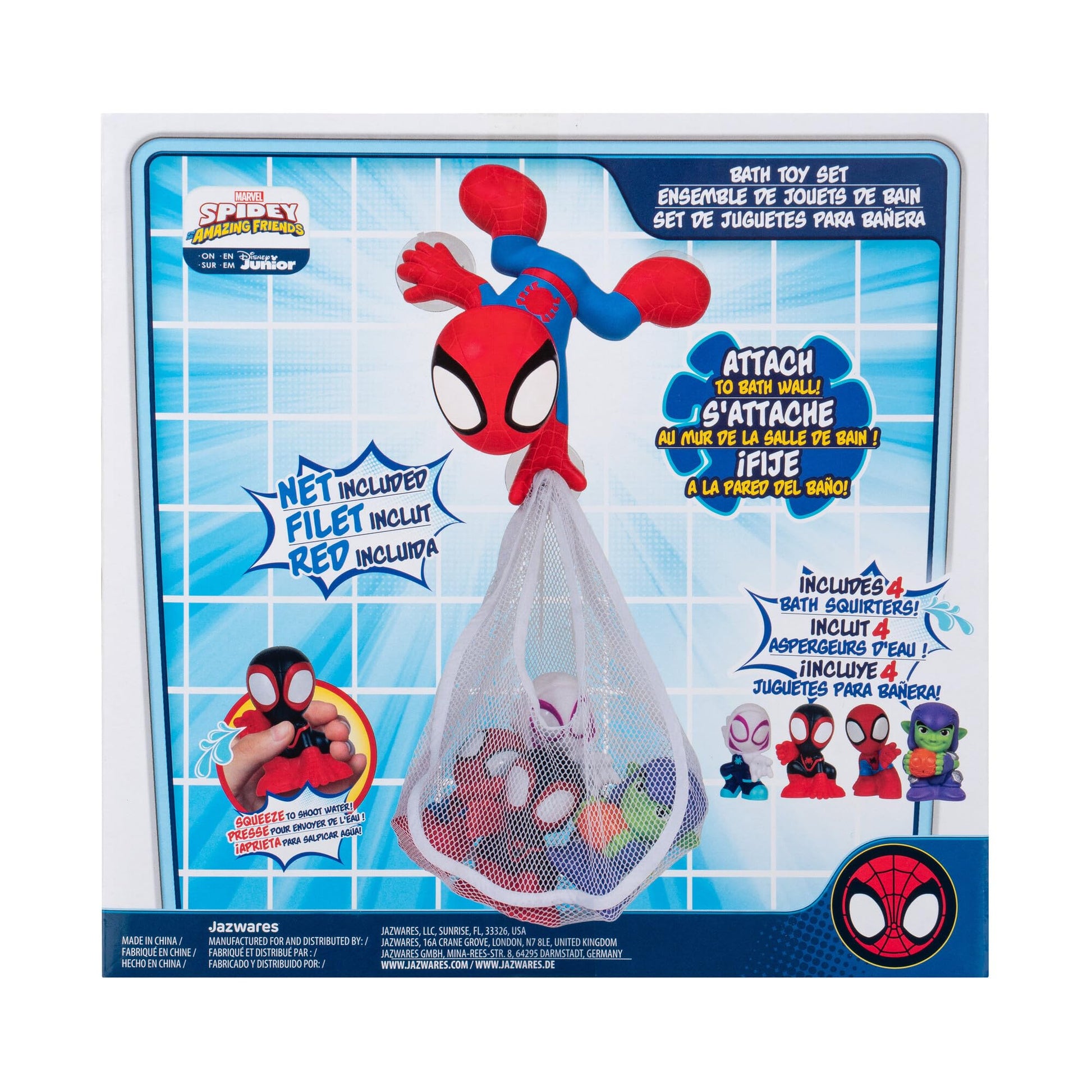 Marvel Spidey and His Amazing Friends Bath Toy Set - Spidey Wall Mount with Web Net and Four Bath Squirters