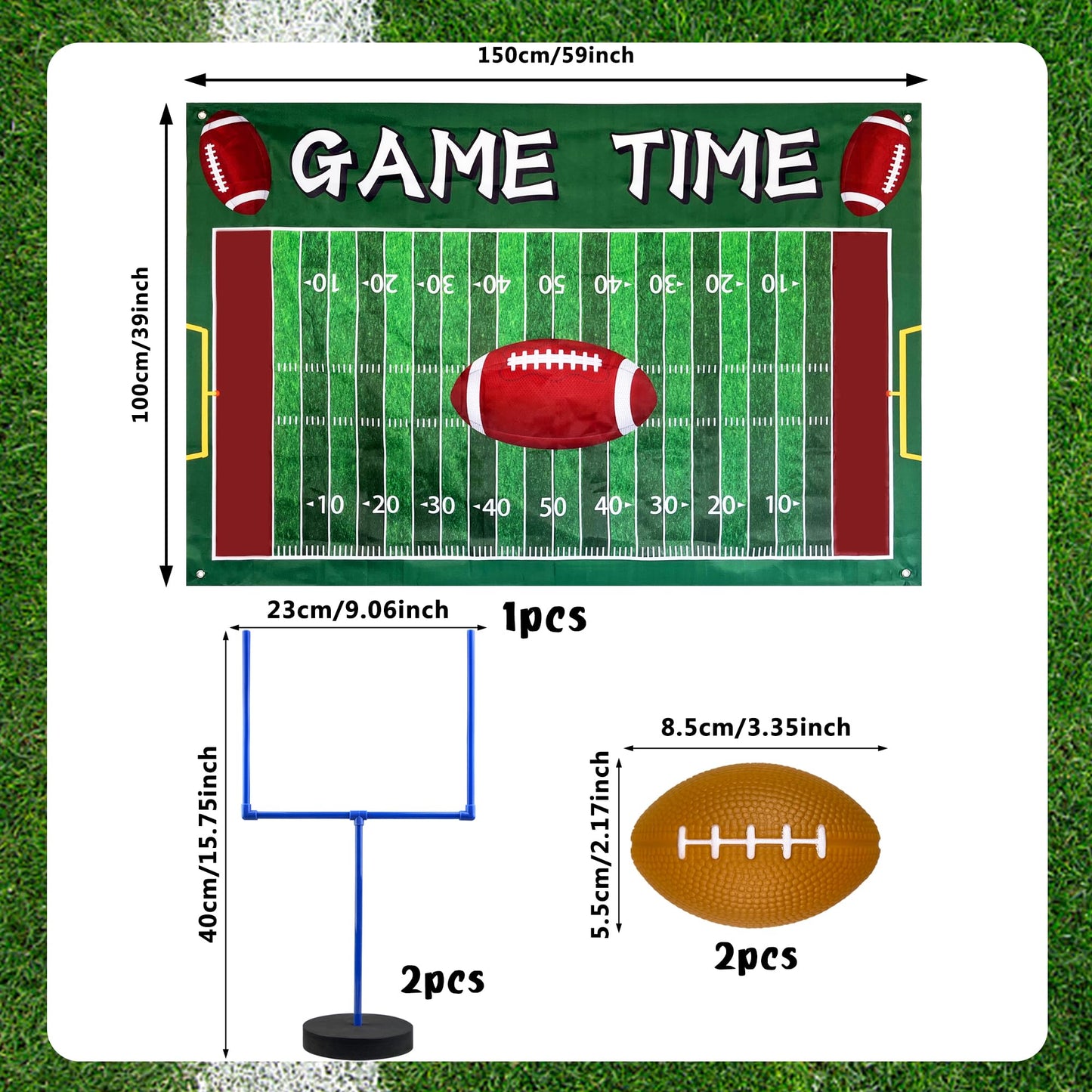 5 PCS Large Football Party Goal Post Decoration Kit with 2 PCS 15.75 in Field Goal Posts 1 PCS 59 in Court Table Runner 2 PCS 3.35IN Footballs