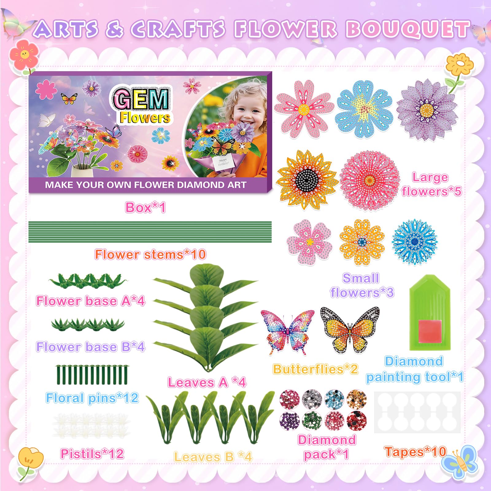 Crafts for Girls 8-12 - Make Your Own GEM Art Flower Bouquet - Arts and Crafts for Kids Ages 8-12 - Diamond Art Kits for Kids - 5D Dimond Art