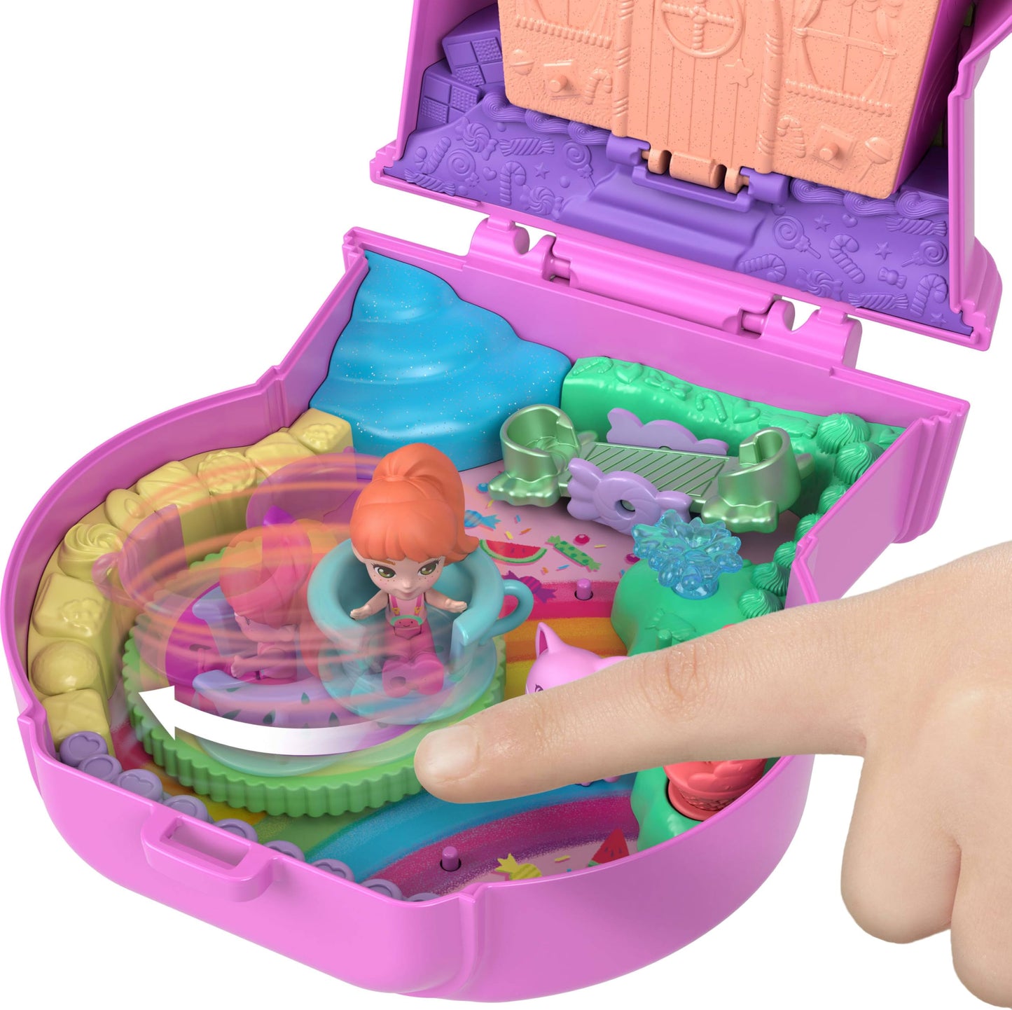 Polly Pocket JKC50 Watermelon Kitten Travel Toy Set with 1 Mini Figure, Animal, Cup Carousel, Rocking Swing and Accessories with Fruit Theme