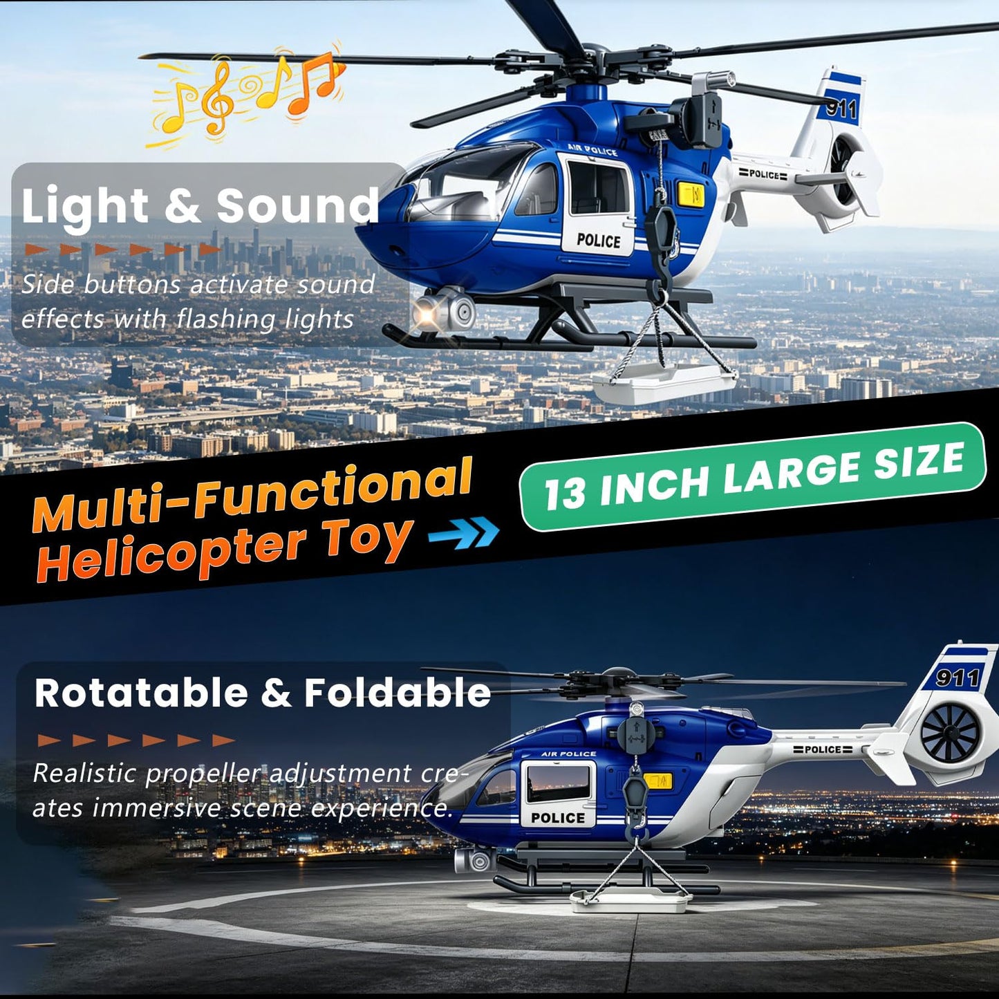 Wenbeier Big Toy Helicopter for Kids Police Helicopter Toy with Hanging Basket, Lights and Sound, Rescue Vehicles Toys for Boys & Girls 3 4 5 6 7